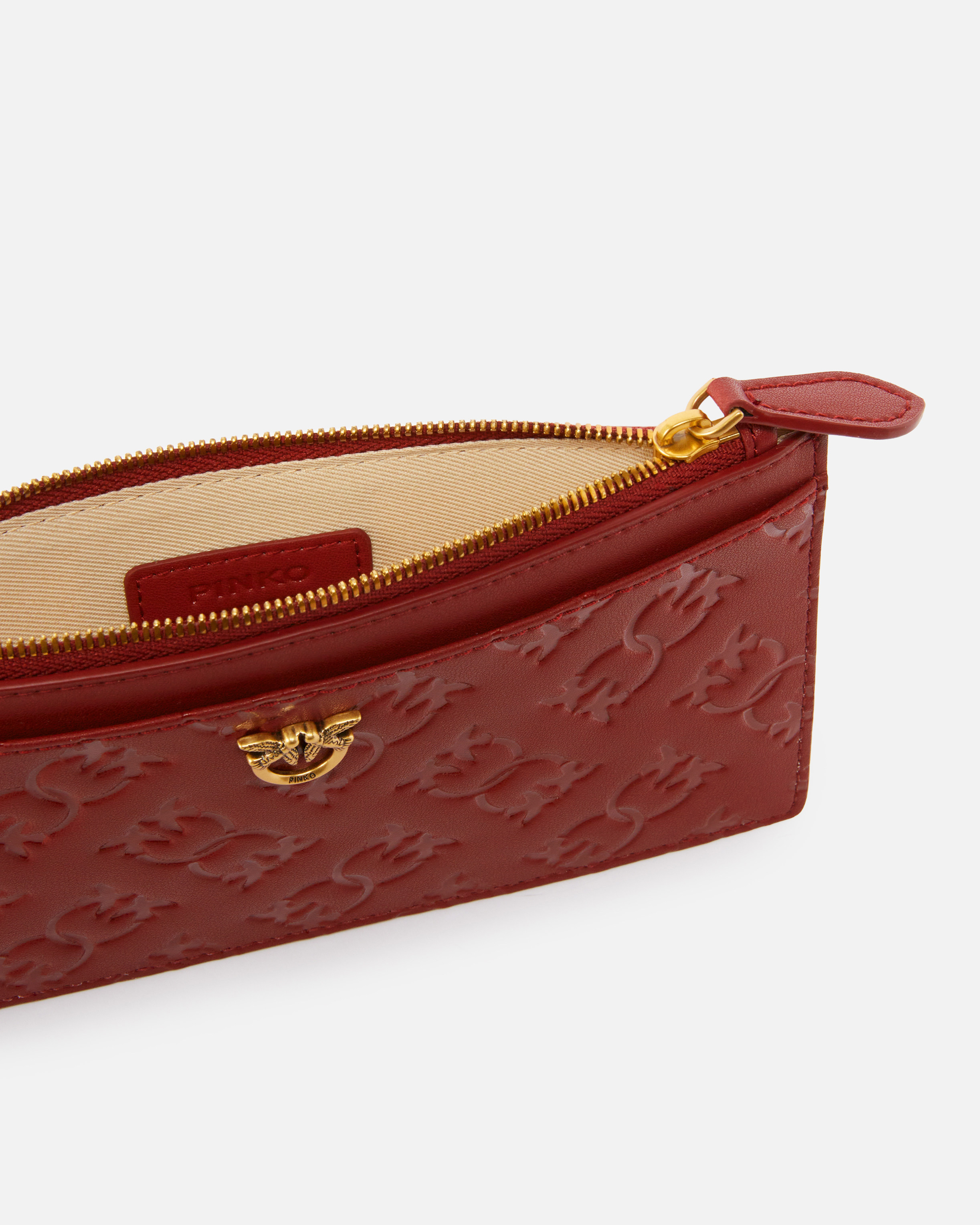 Pinko Rectangular Leather Card Holder With Imprinted Logo In Merlot Burgundy-antique Gold