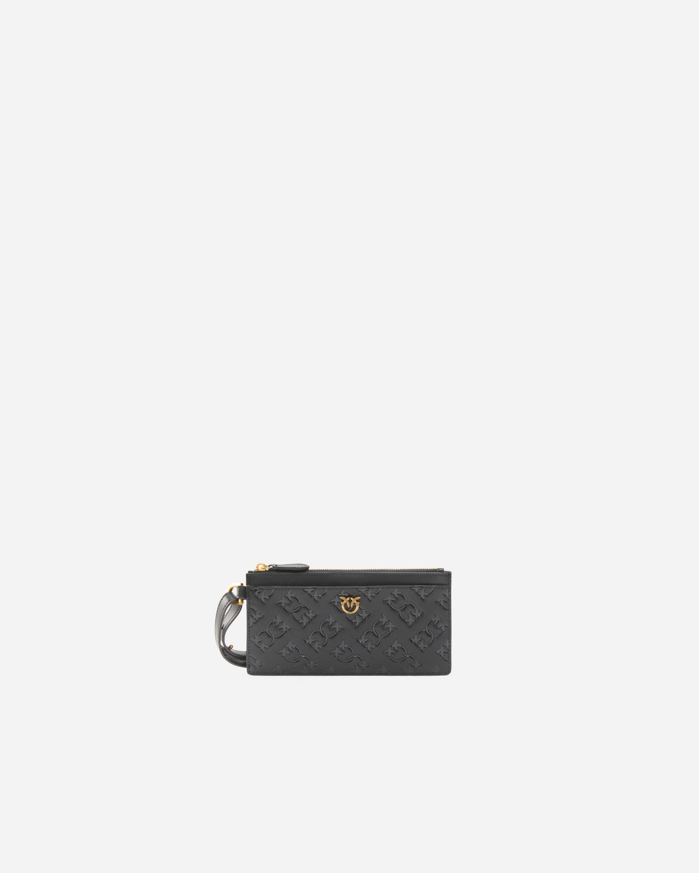 Pinko Rectangular Leather Card Holder With Imprinted Logo In Nero-antique Gold