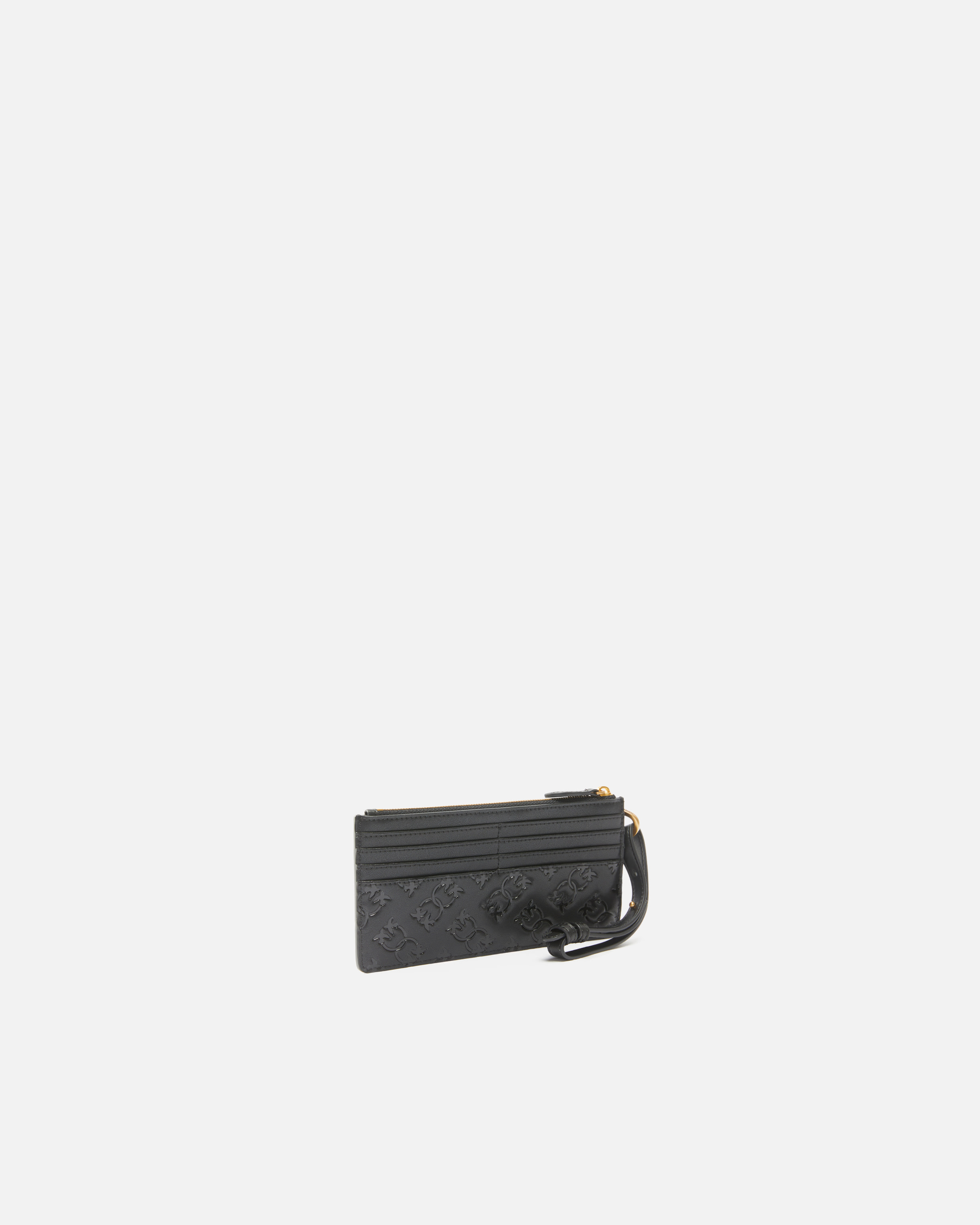 Pinko Rectangular Leather Card Holder With Imprinted Logo In Nero-antique Gold