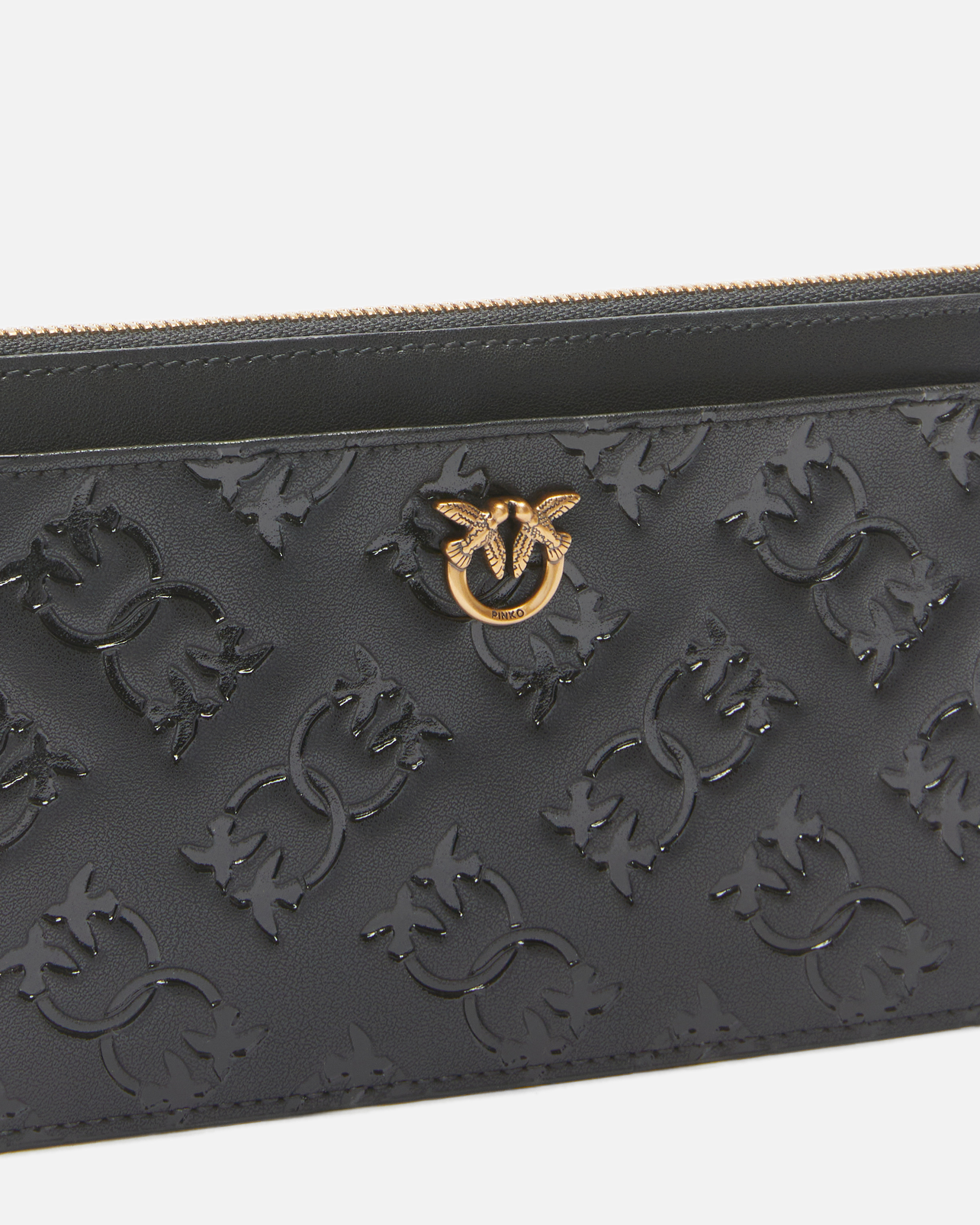 Pinko Rectangular Leather Card Holder With Imprinted Logo In Nero-antique Gold