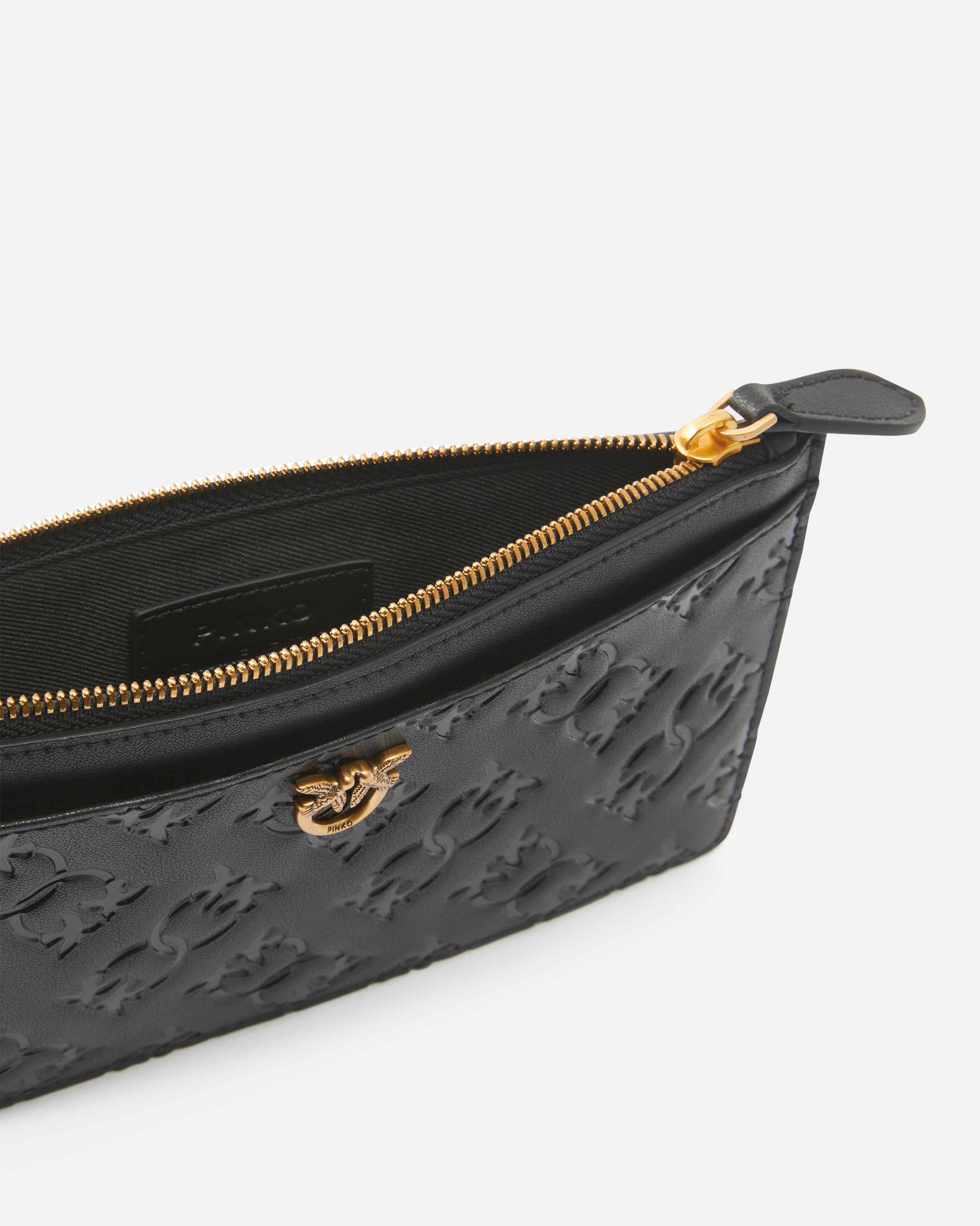 Pinko Rectangular Leather Card Holder With Imprinted Logo In Nero-antique Gold