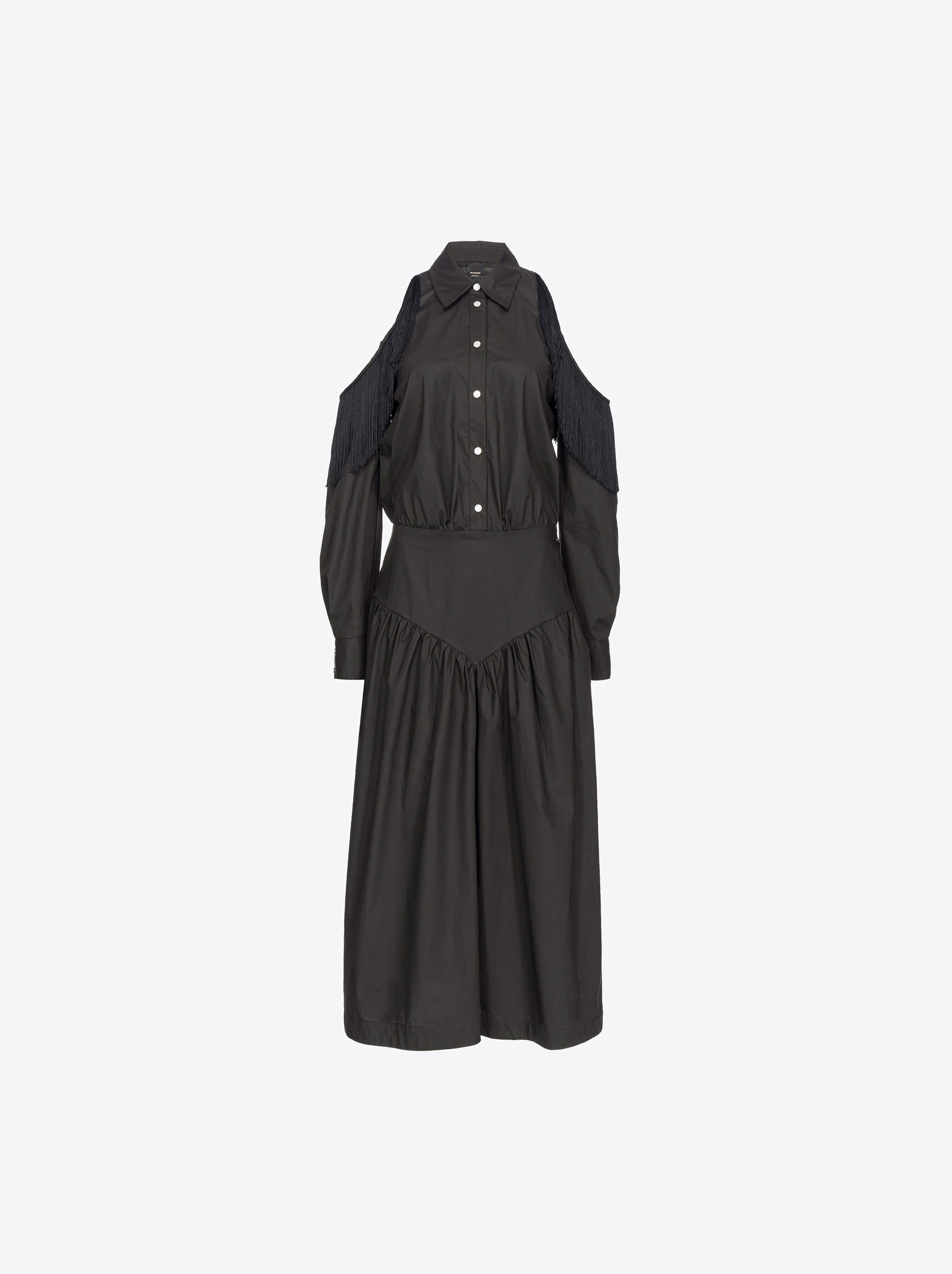 Shop Pinko Shirt Dress With Open Shoulders And Fringing In Limo Black