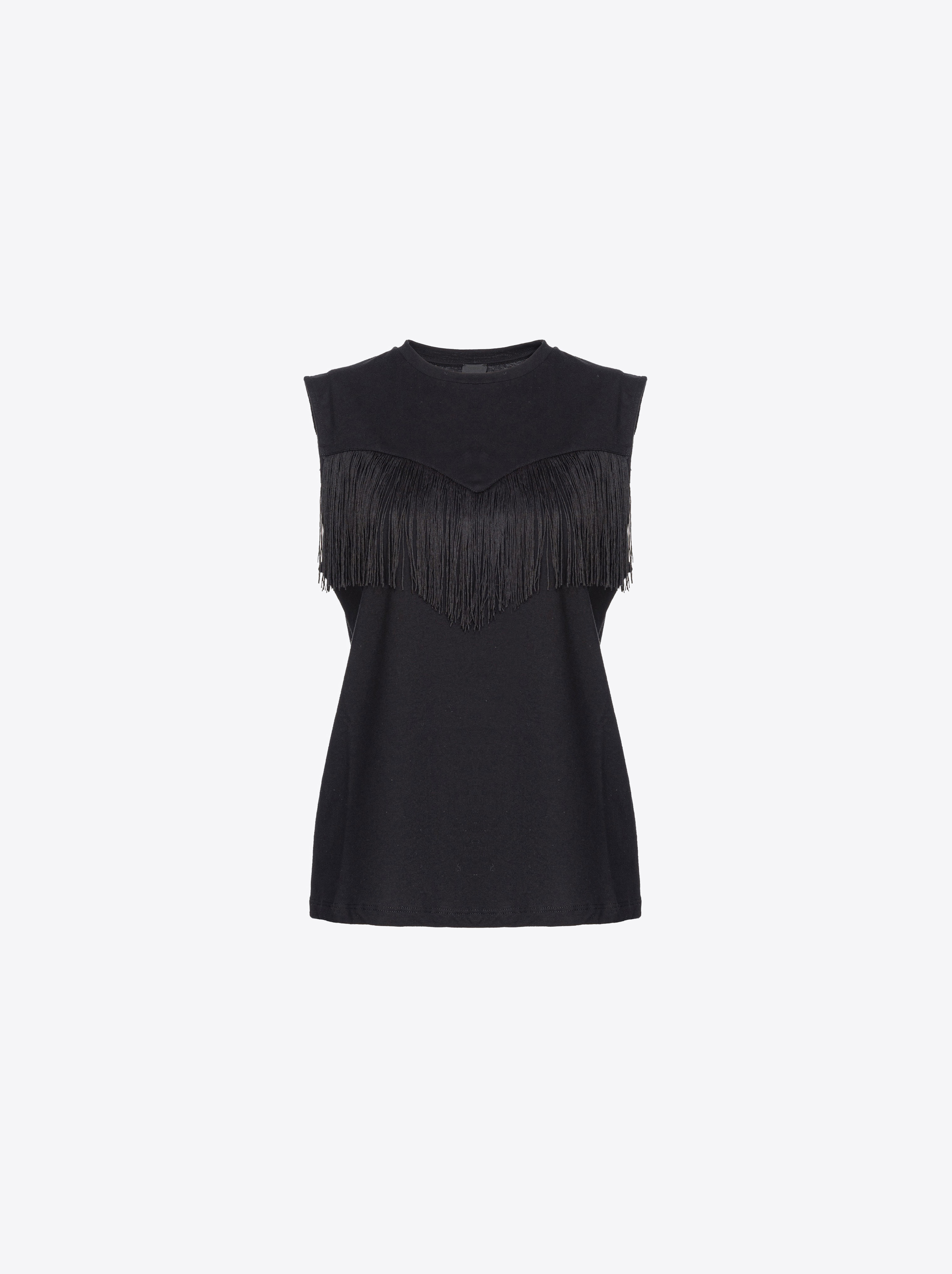 Pinko Sleeveless T-shirt With Fine Fringing In Limo Black