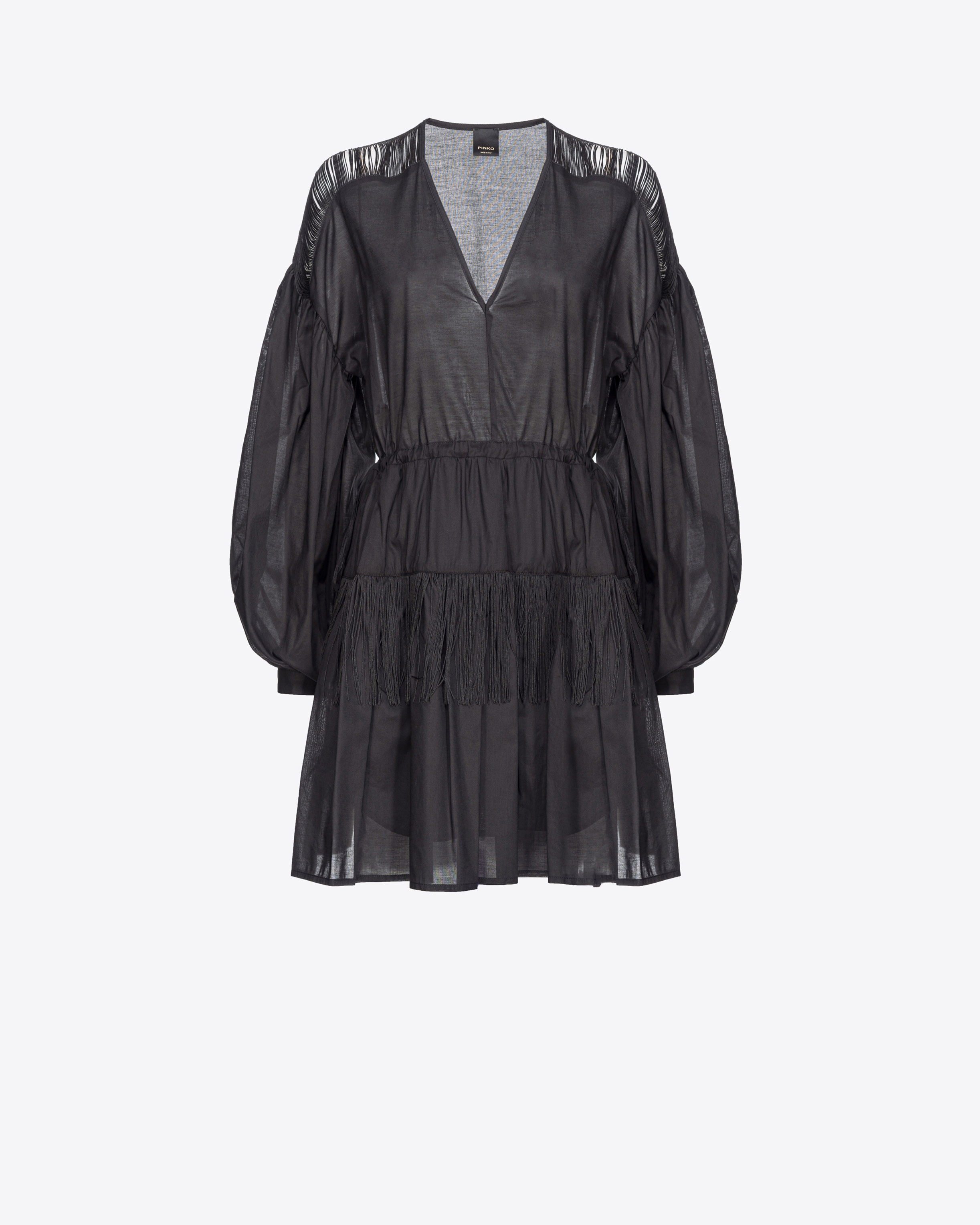 Pinko Muslin Mini Dress With Fringing In Noir Limousine