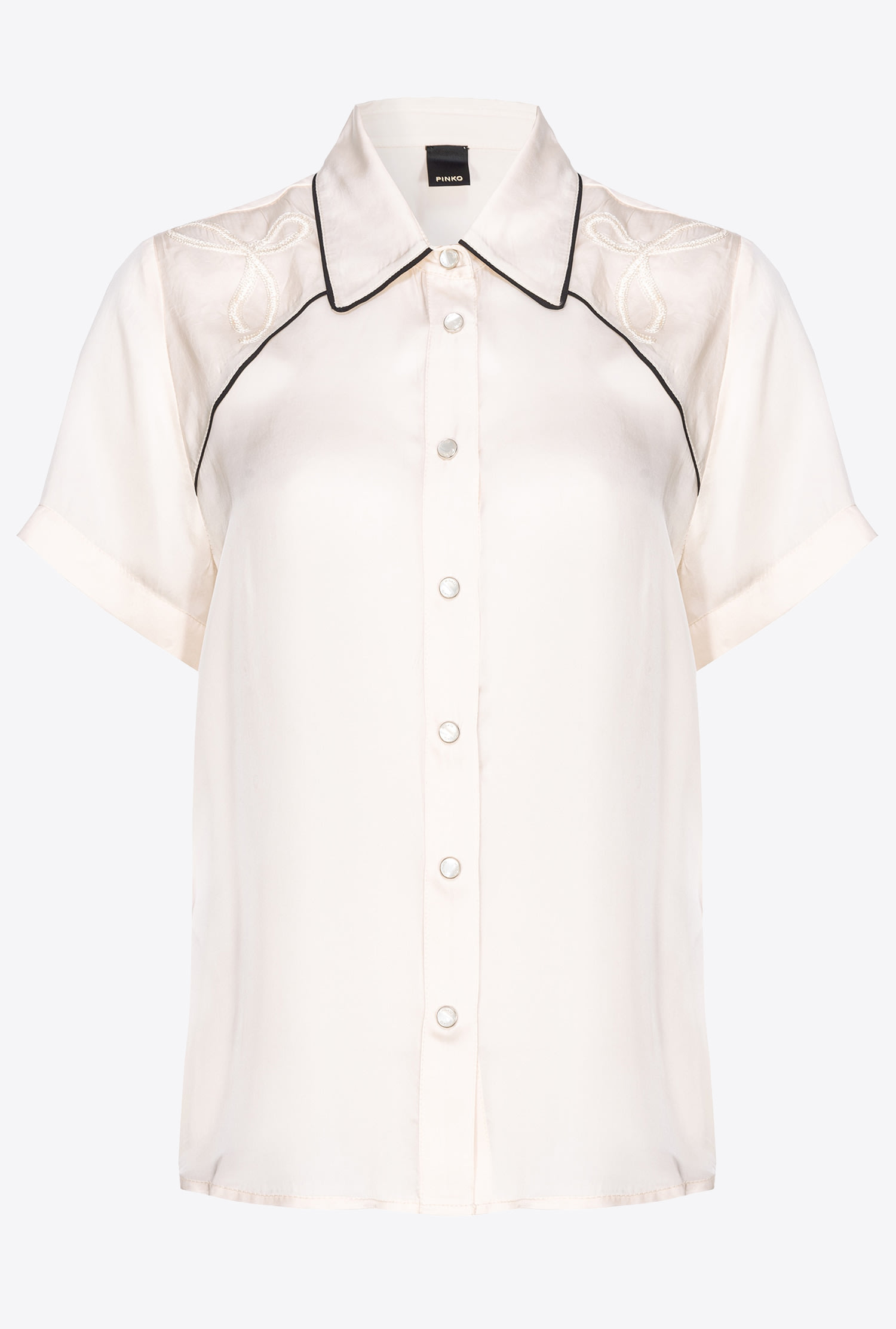 Pinko Embroidered Satin Short-sleeved Shirt In Butter/black