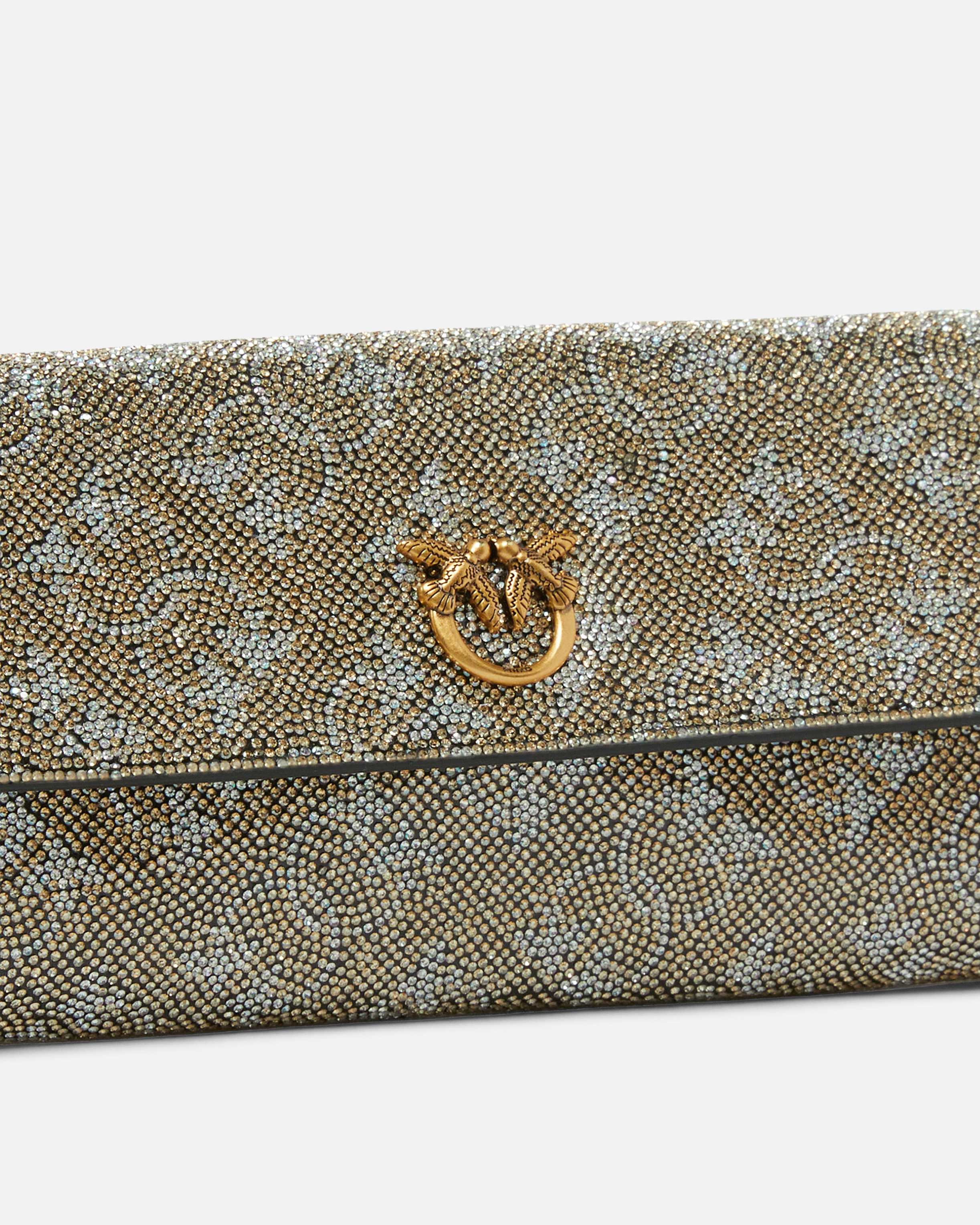 Pinko Wallet With Shoulder Strap And Rhinestone Monogram In Gray