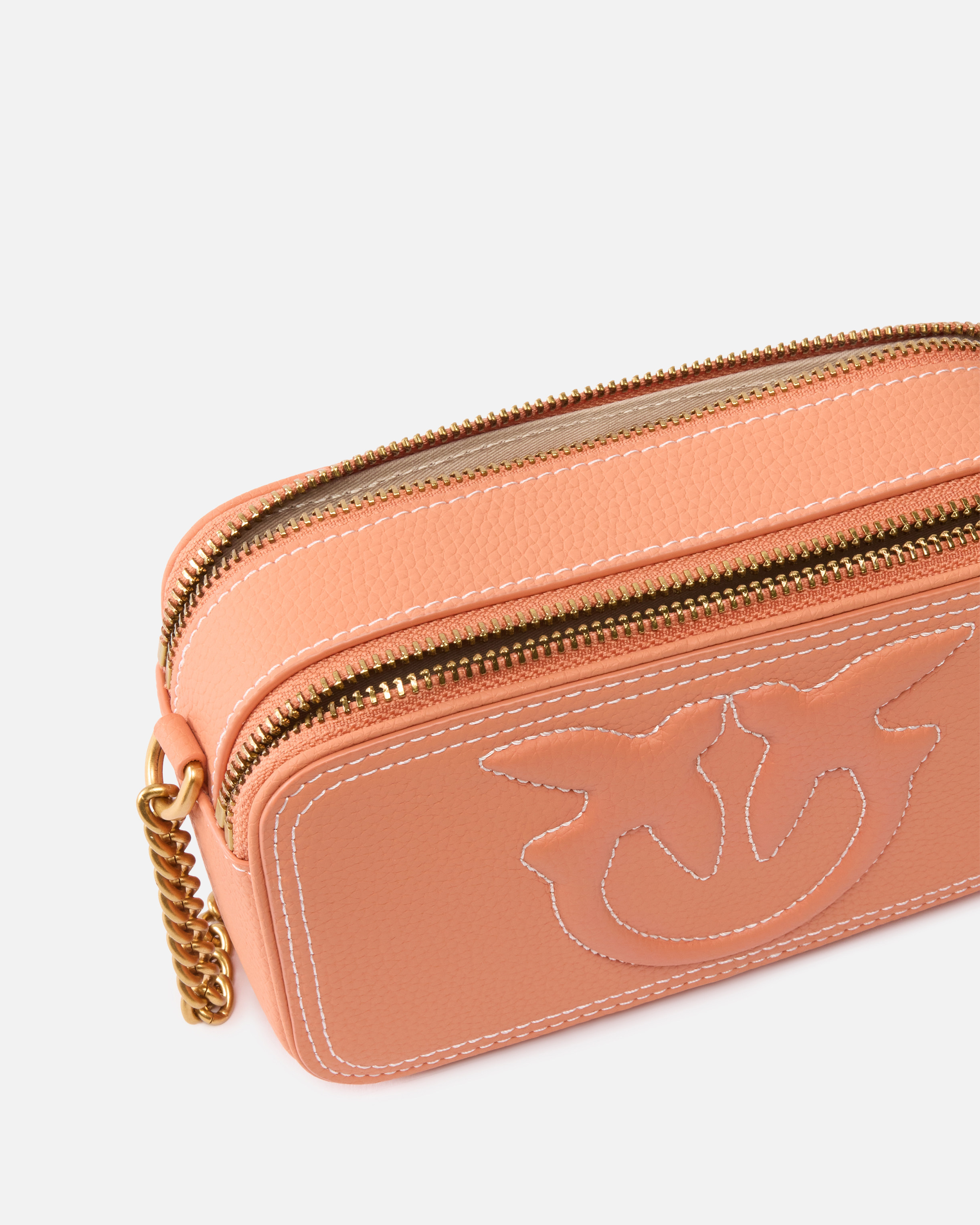 Pinko Small Crossbody Bag With Raised Love Birds Logo In Brandy Orange-antique Gold