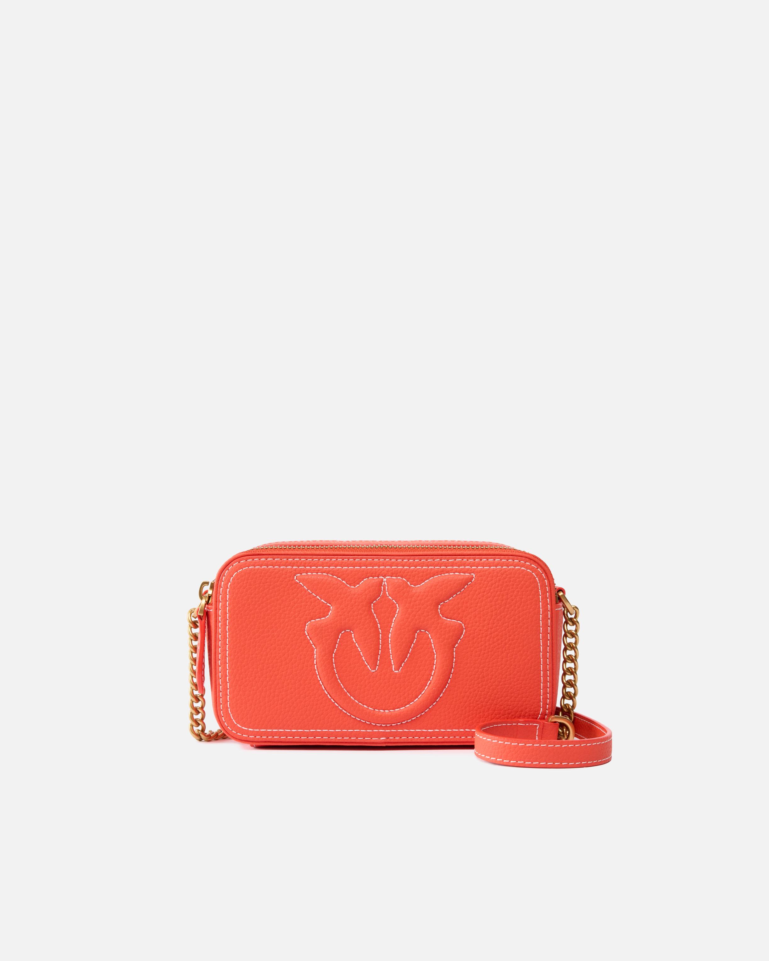 Pinko Small Crossbody Bag With Raised Love Birds Logo In Mandarin Red-antique Gold