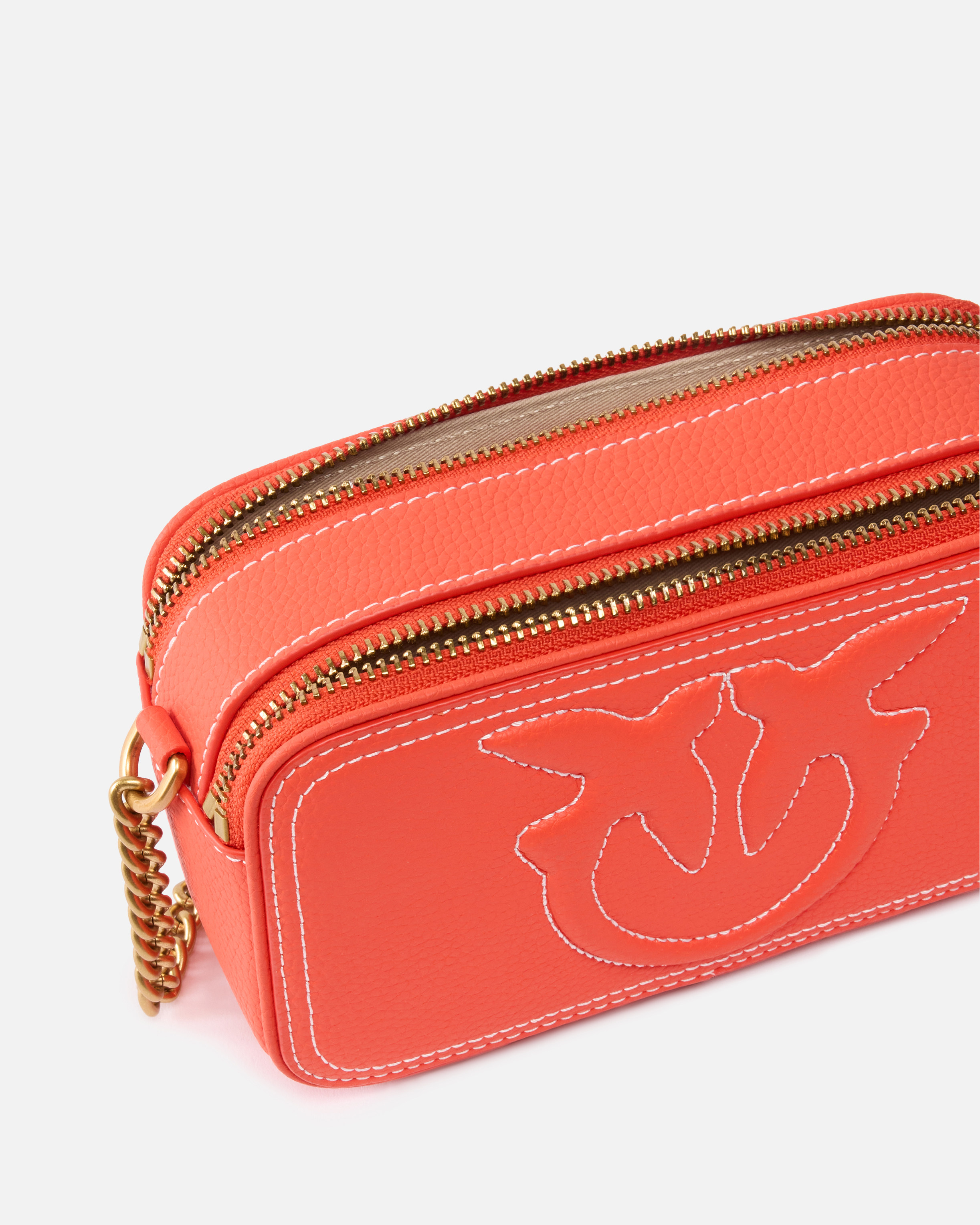 Pinko Small Crossbody Bag With Raised Love Birds Logo In Mandarin Red-antique Gold