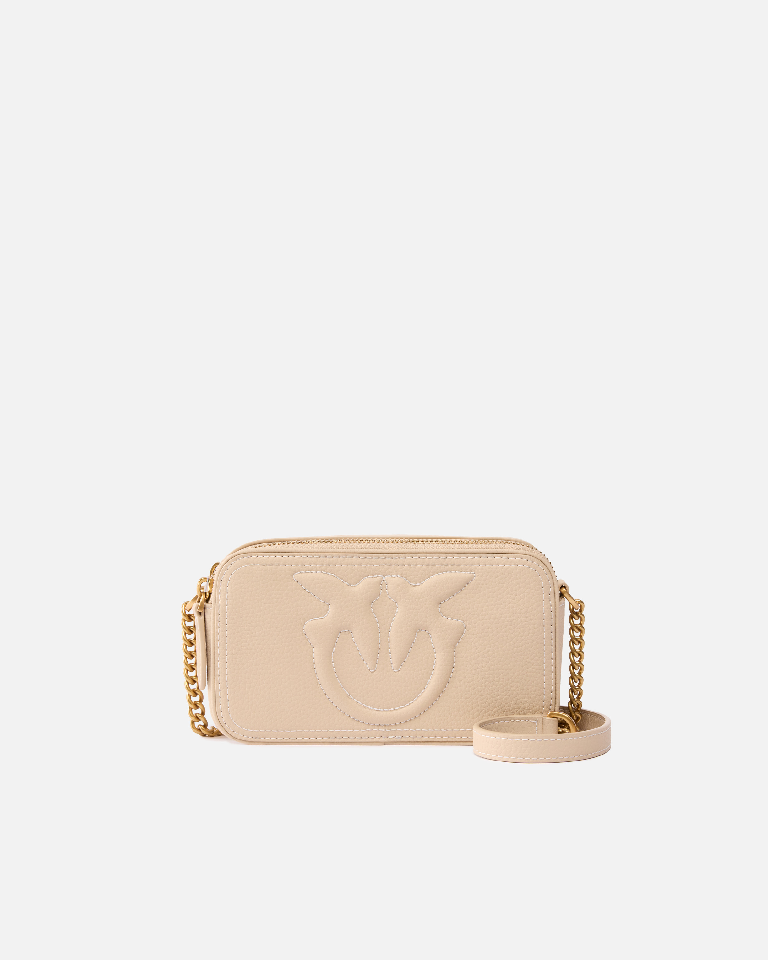Pinko Small Crossbody Bag With Raised Love Birds Logo In Beige-smoke Grey-antique Gold