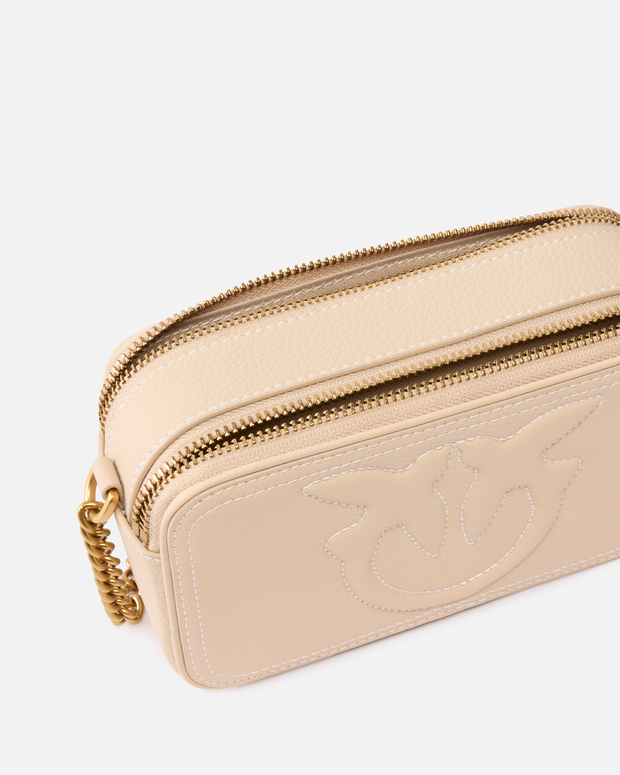 Pinko Small Crossbody Bag With Raised Love Birds Logo In Beige-smoke Grey-antique Gold