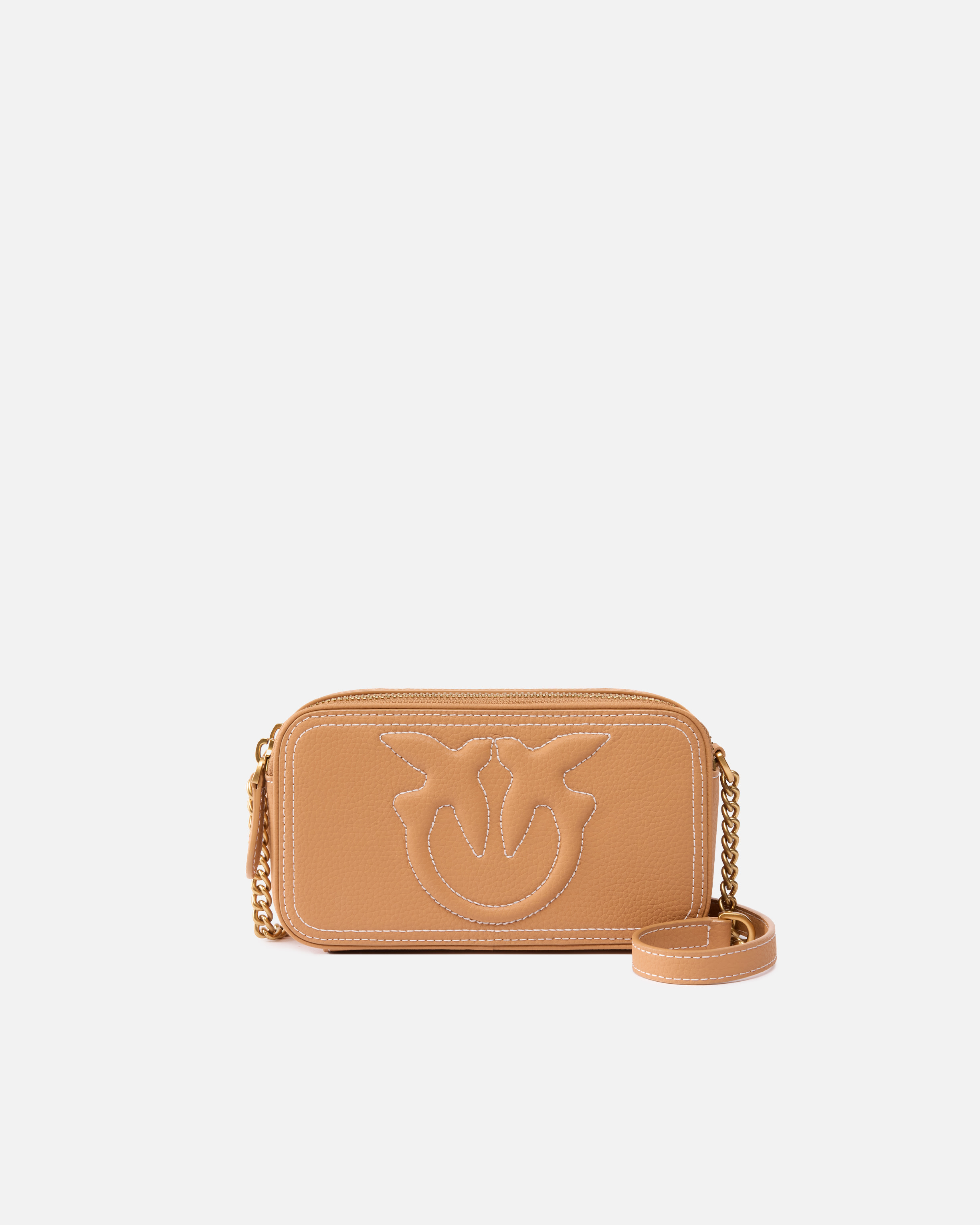 Pinko Small Crossbody Bag With Raised Love Birds Logo In Nougat-antique Gold