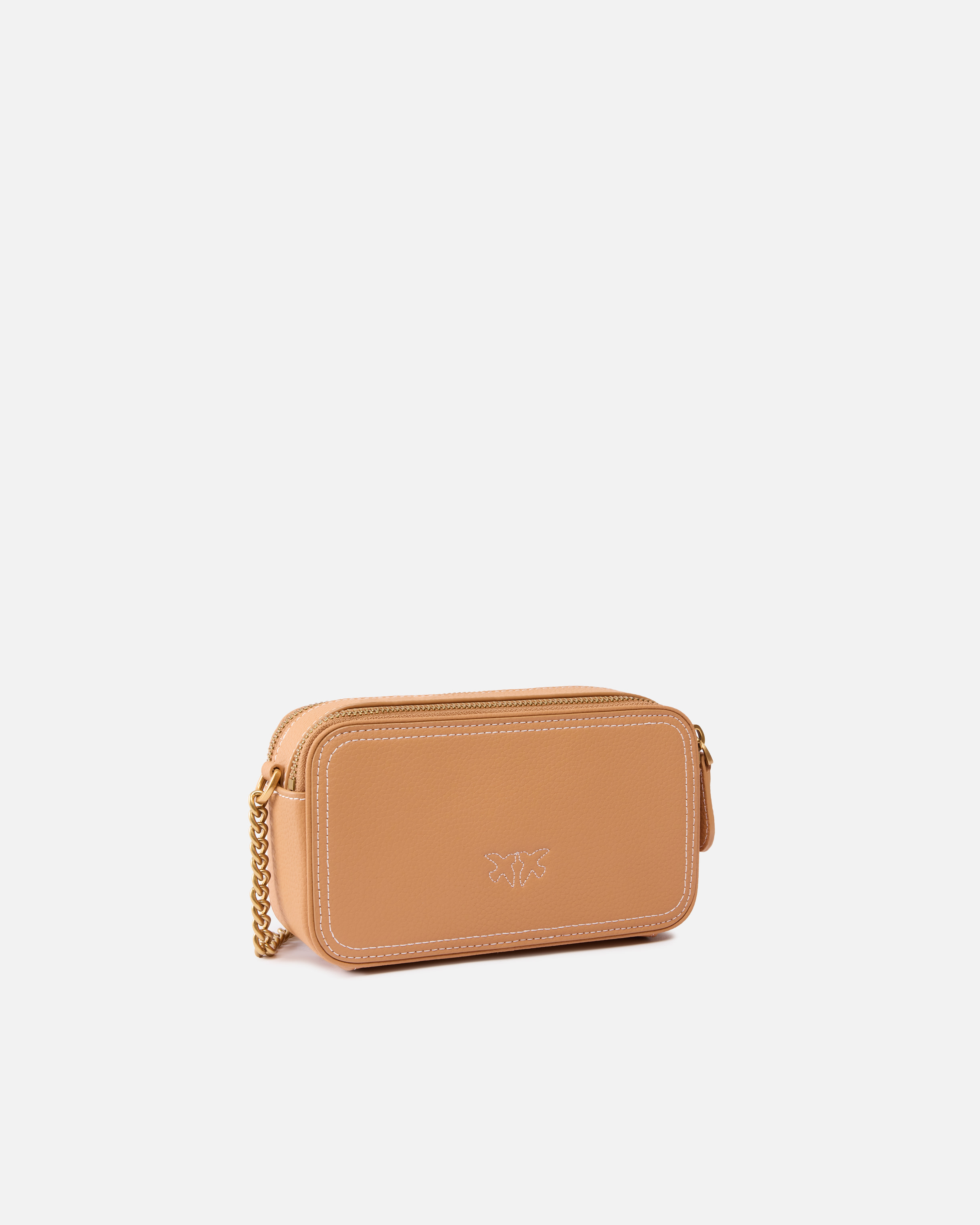 Pinko Small Crossbody Bag With Raised Love Birds Logo In Nougat-antique Gold