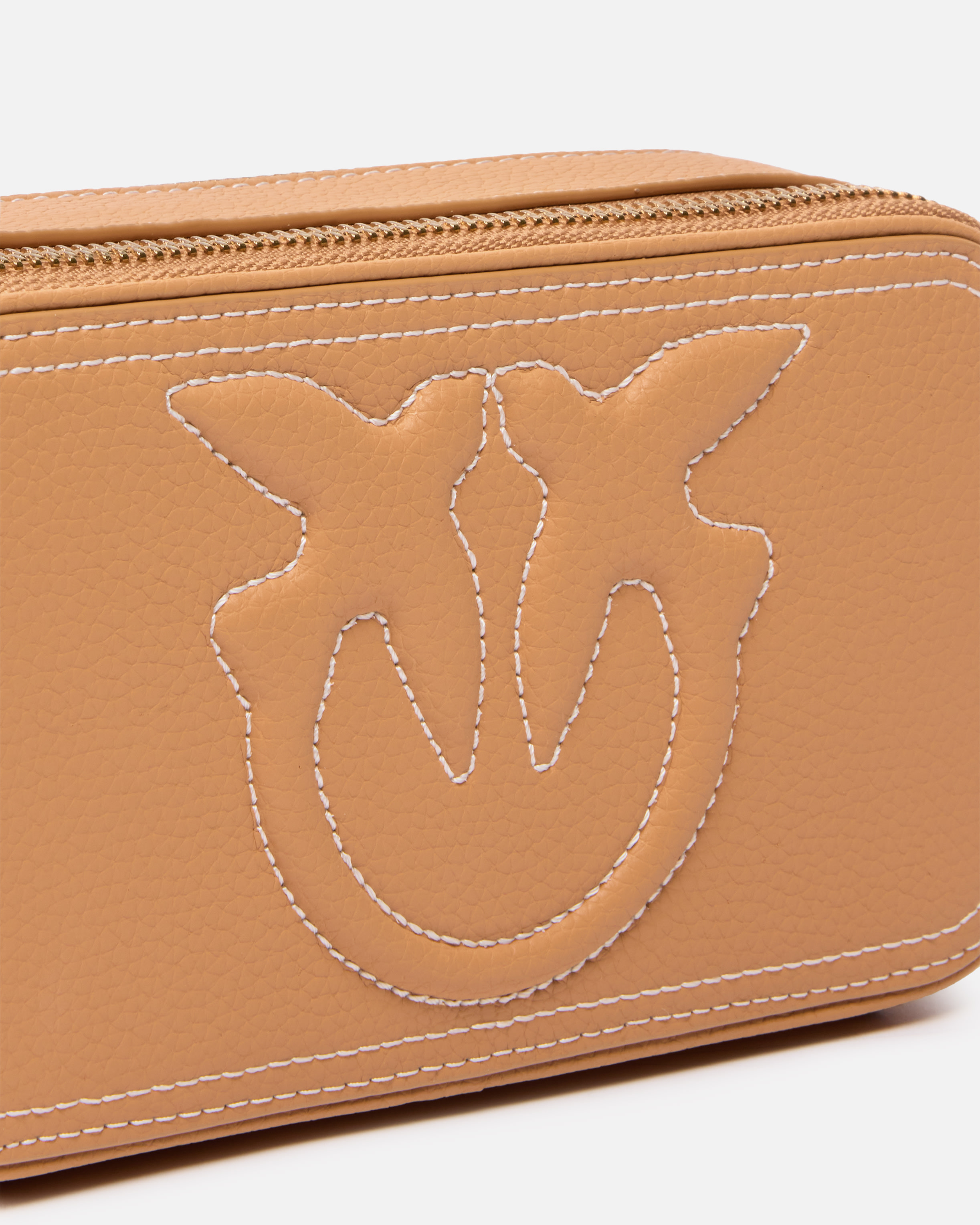 Pinko Small Crossbody Bag With Raised Love Birds Logo In Nougat-antique Gold