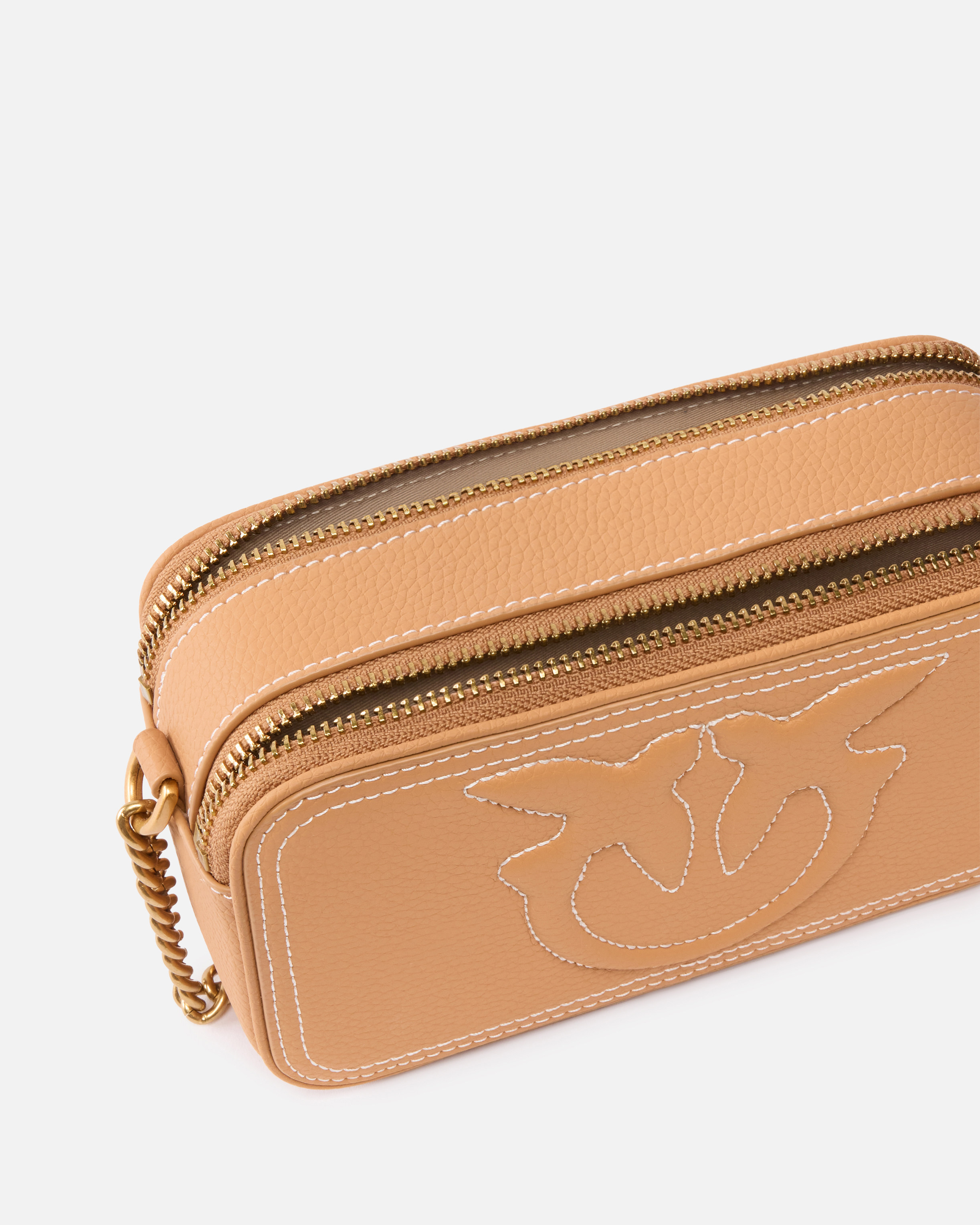 Pinko Small Crossbody Bag With Raised Love Birds Logo In Nougat-antique Gold
