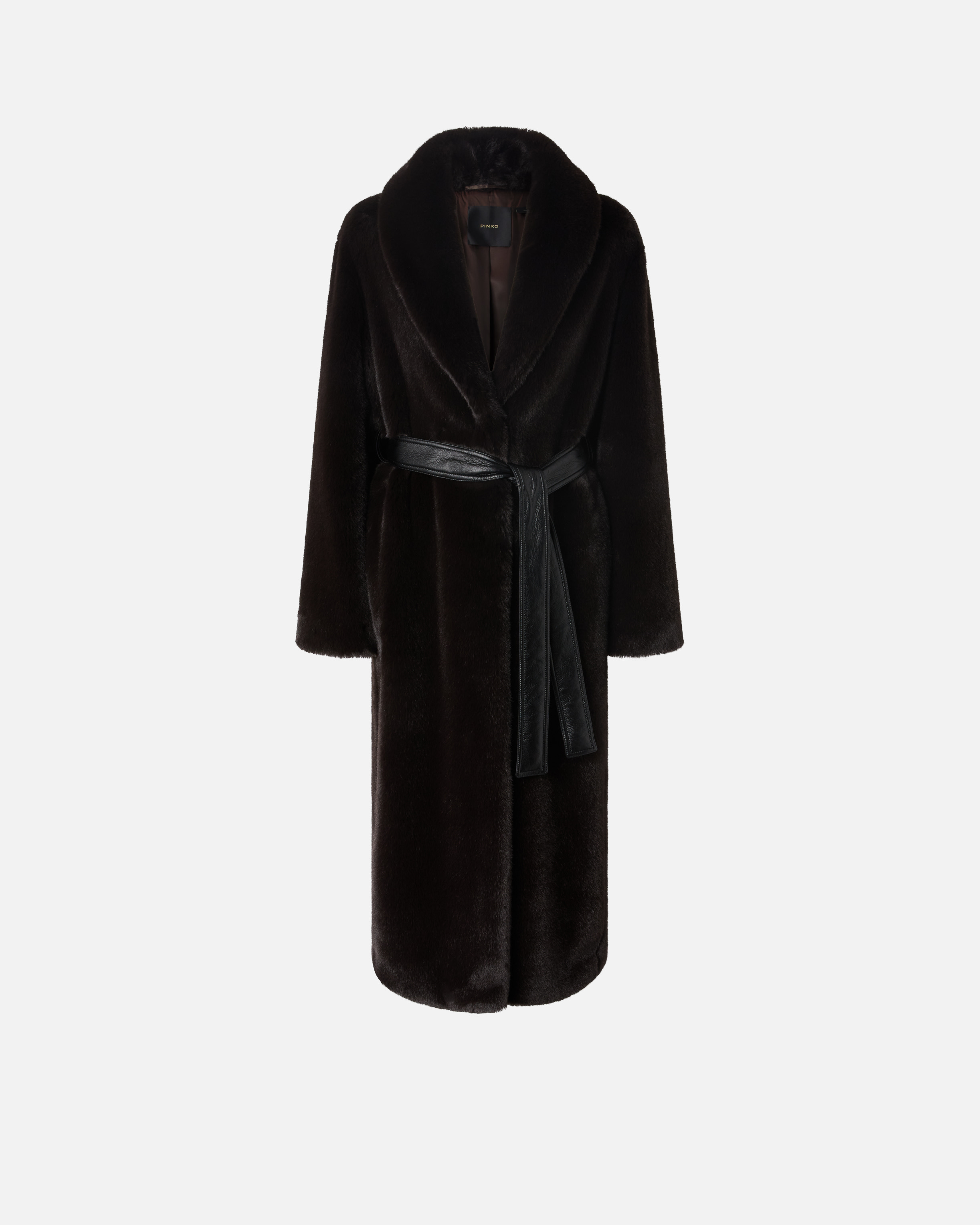 Pinko, Long faux fur coat with belt, Brown, 36