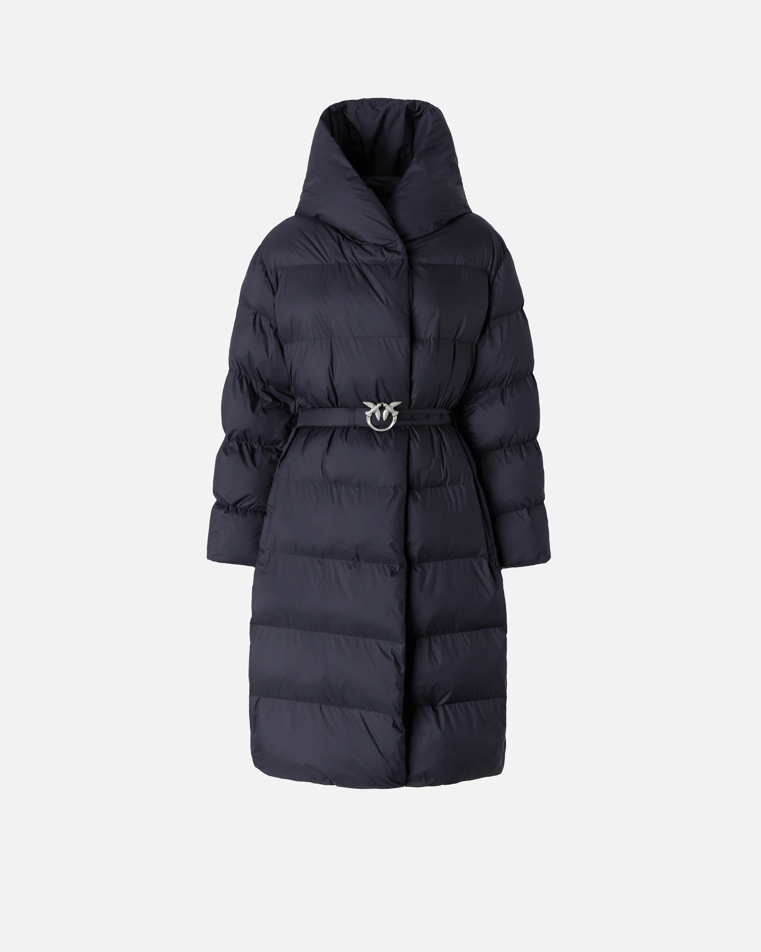 Pinko, Padded technical canvas pea coat with belt, Dark navy blue, 36