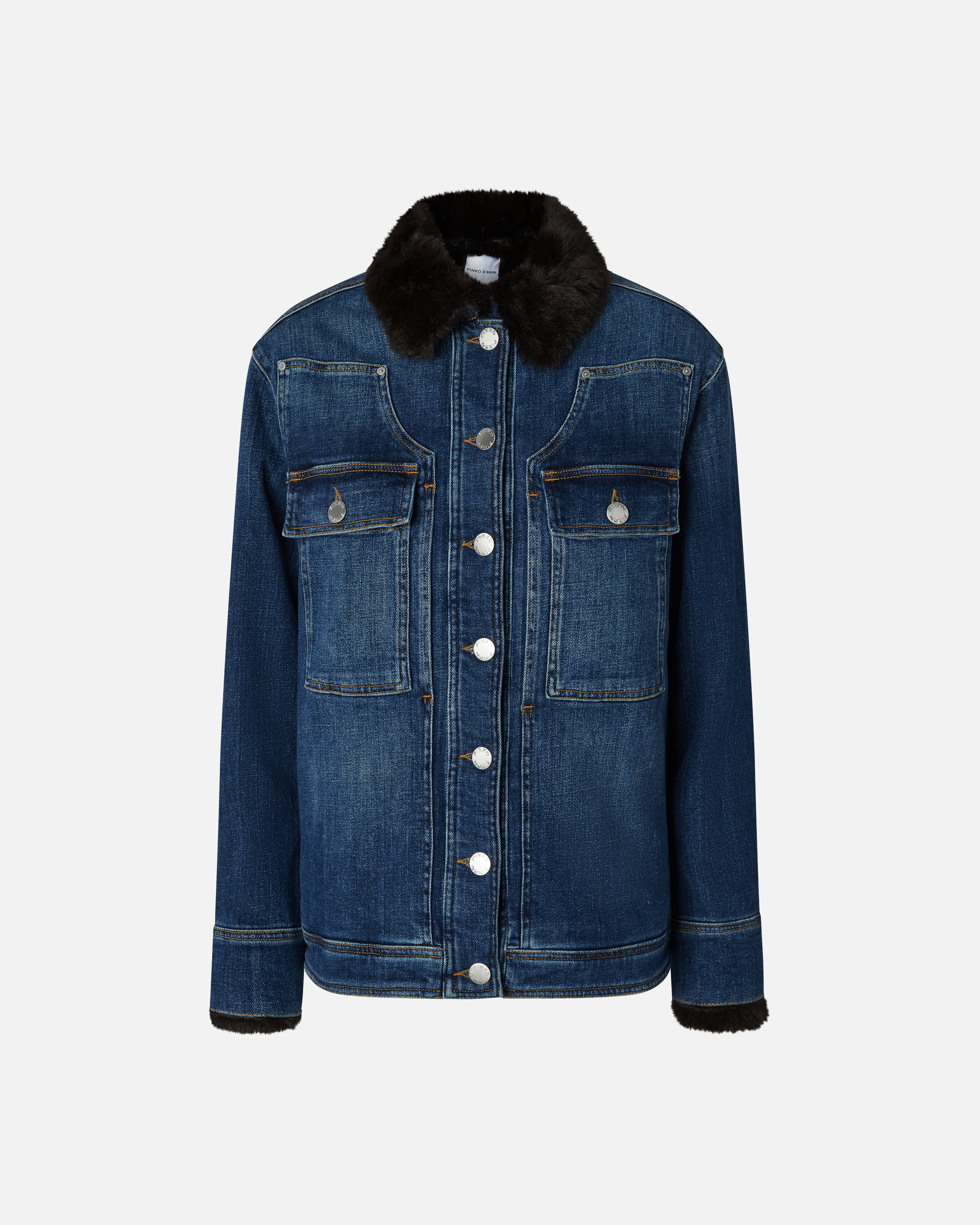 Pinko Blue Denim Overshirt Jacket With Fur-effect Collar In Medium Dark Vintage Wash