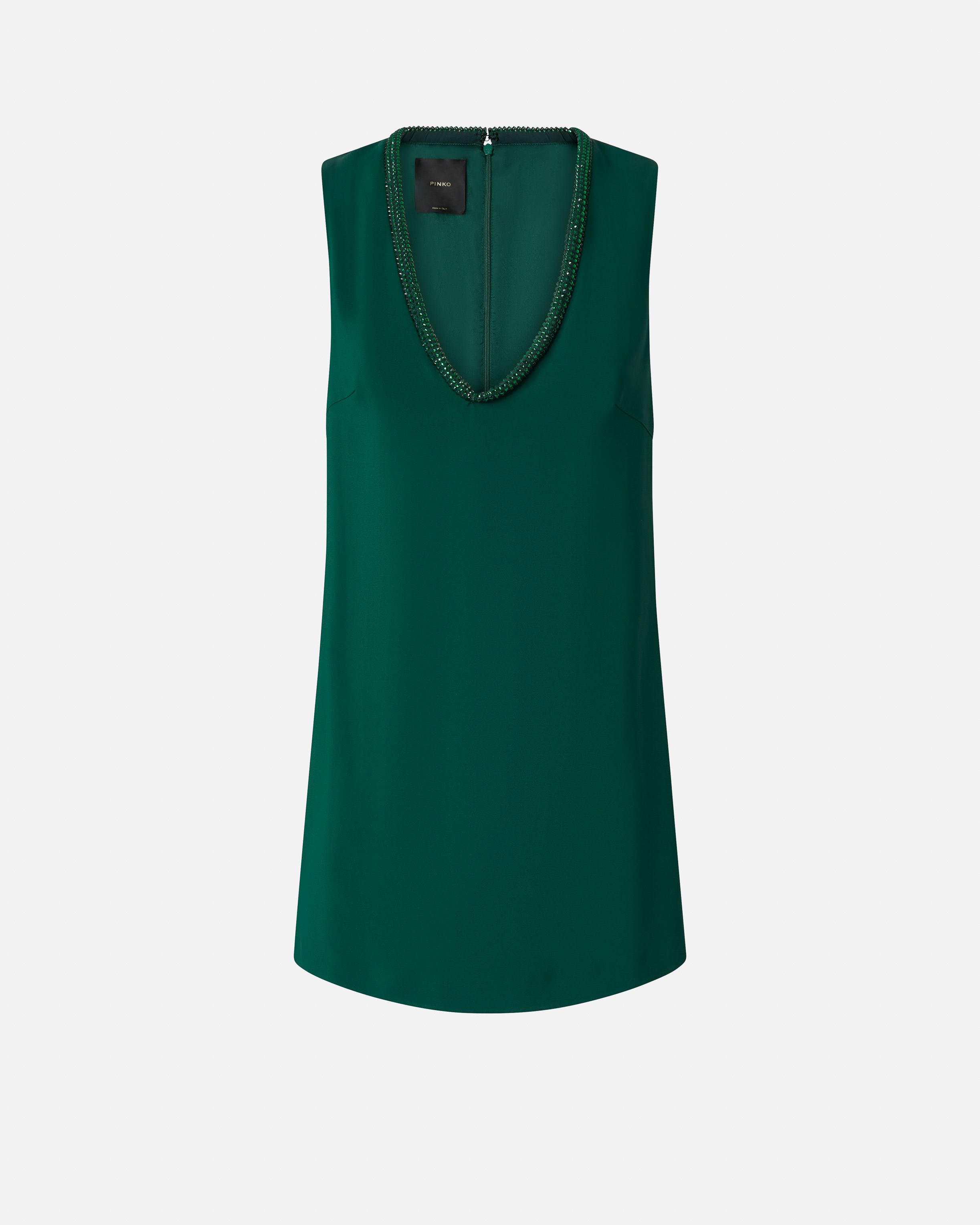 Pinko Mini Dress With Jewel Neck In Verde Bottiglia Scuro