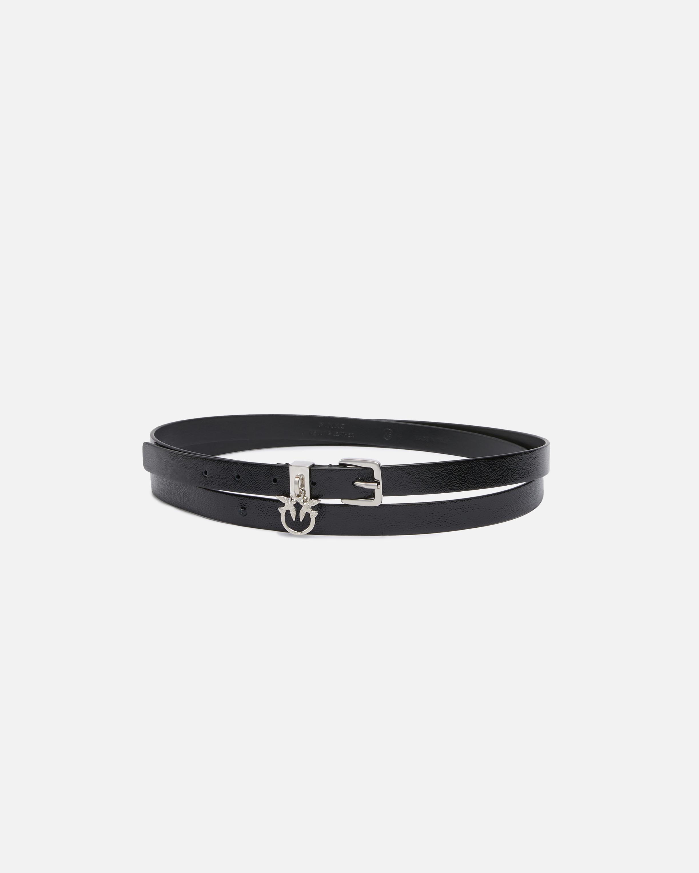 Pinko Doppelgürtel aus glänzendem Leder mit Love Birds-Charm 1,5 cm