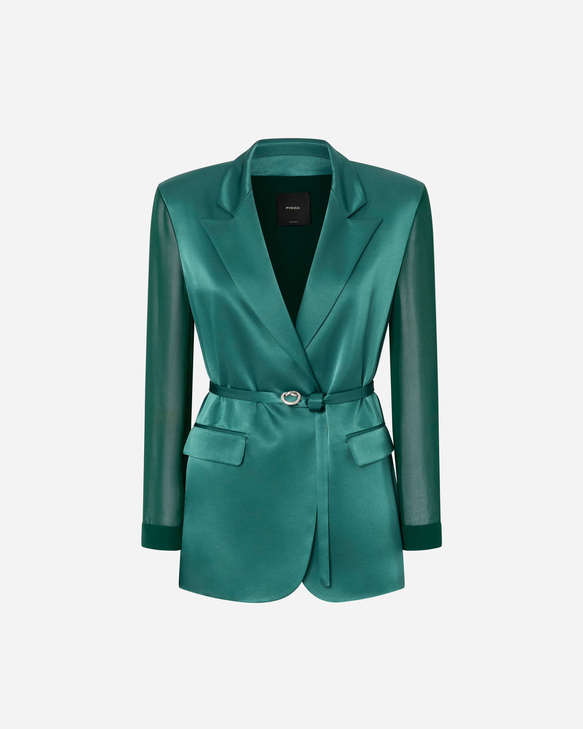 Pinko Shiny Blazer With Transparent Sleeves In Dark Bottle Green