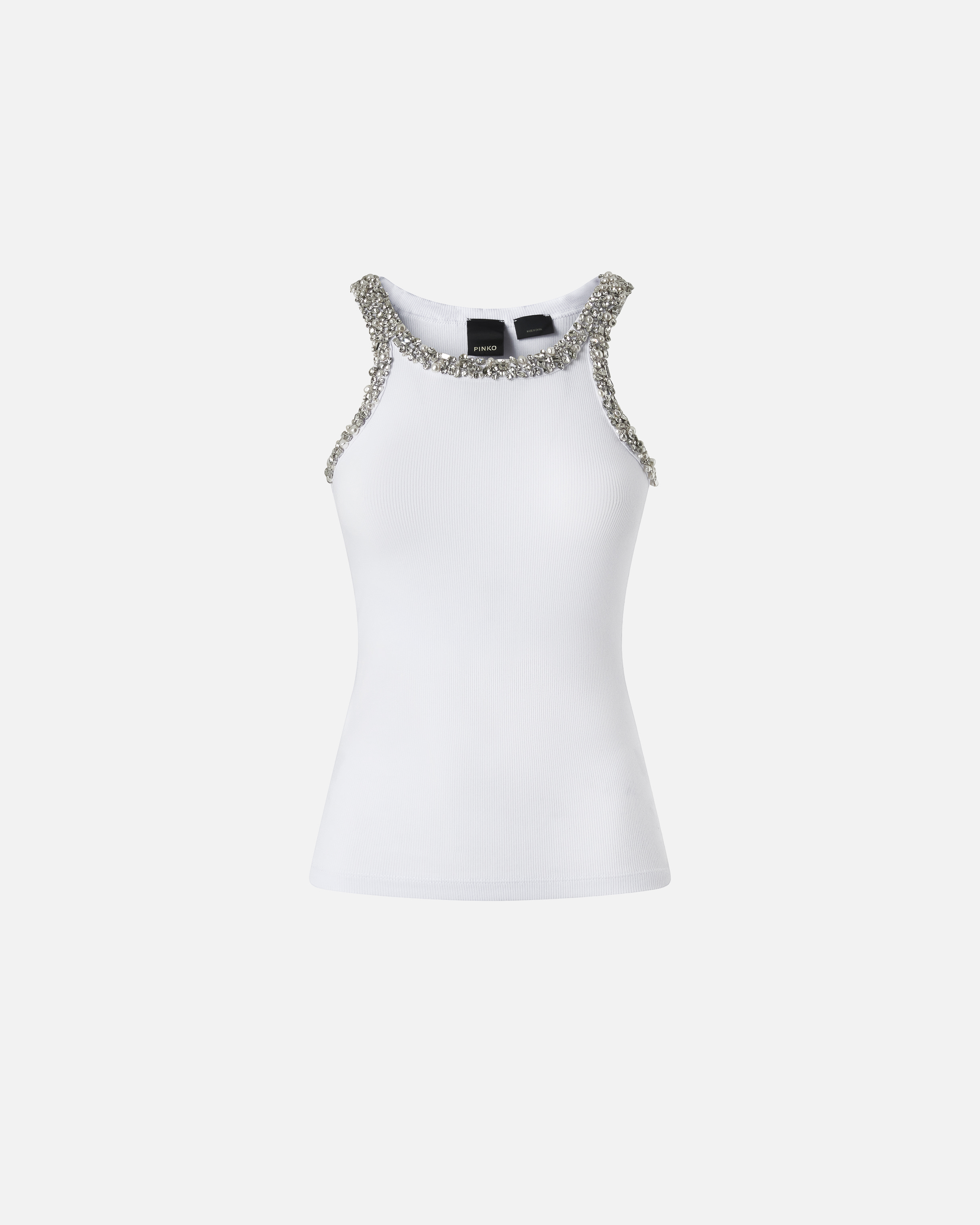 Pinko Ribbed Top With Bejewelled Embellishment In White