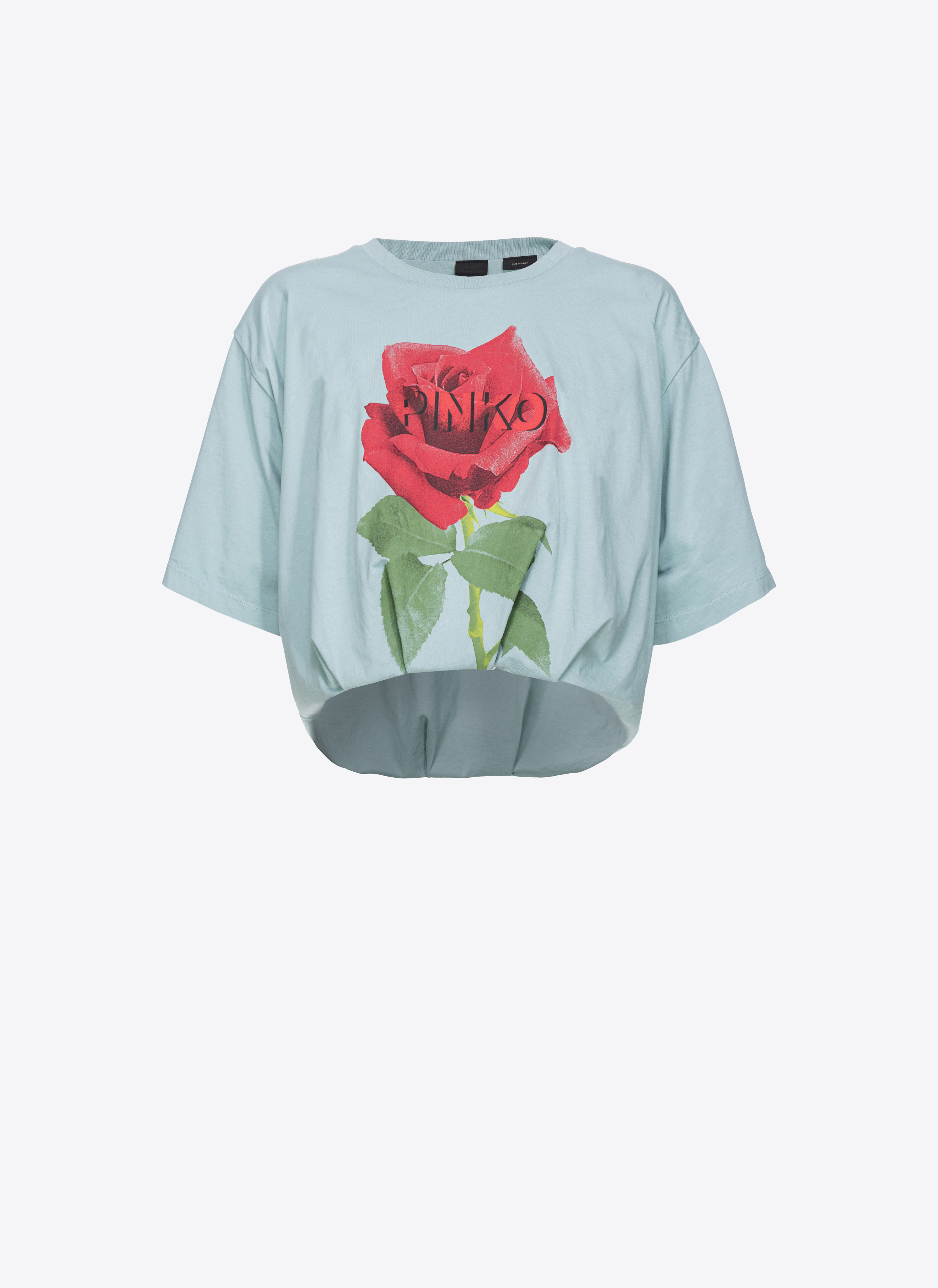 Pinko, Cropped T-shirt with rose print, Silvery blue, S