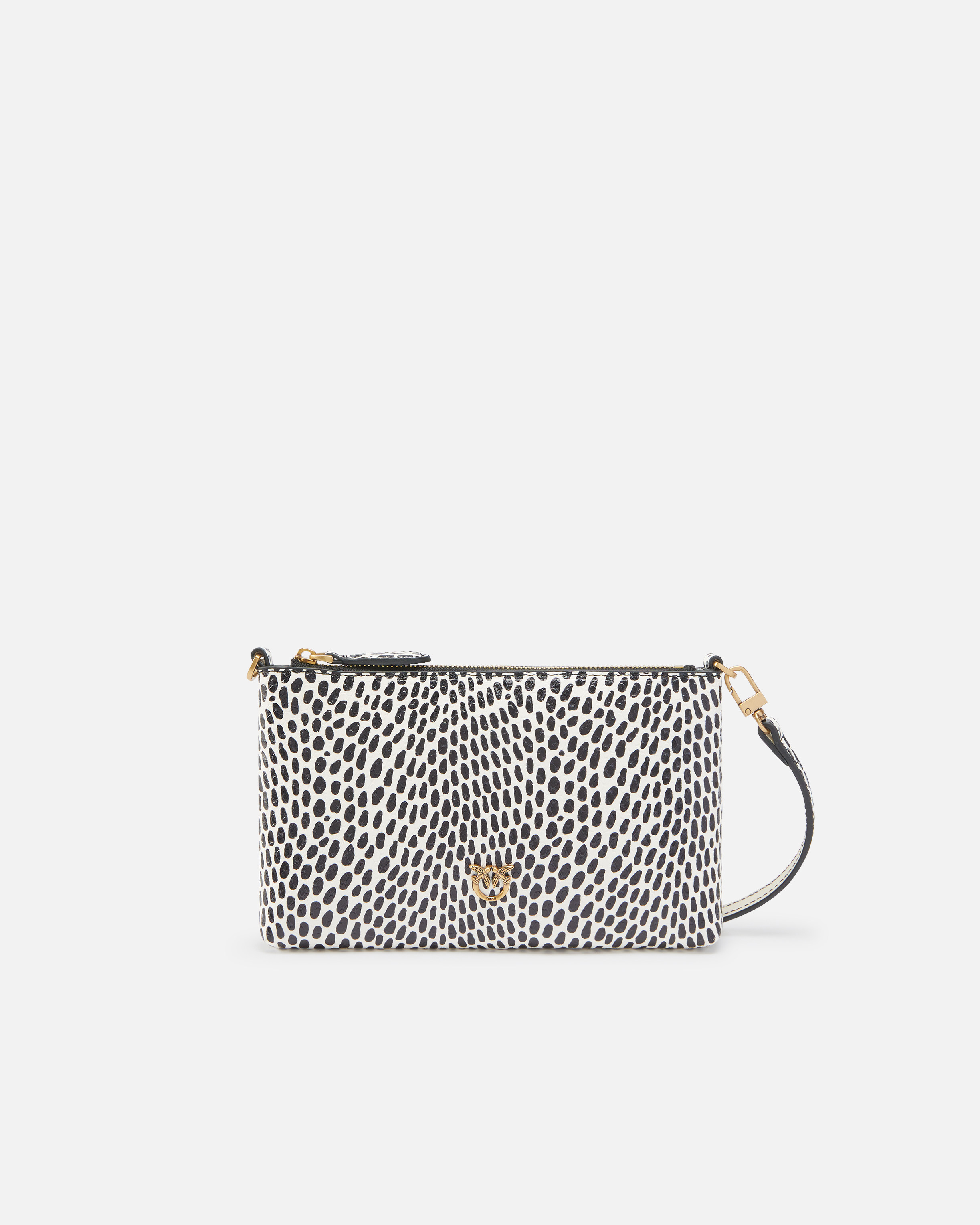 Pinko Polka Dot Leather Evening Bag With Shoulder Strap In White/black-antique Gold
