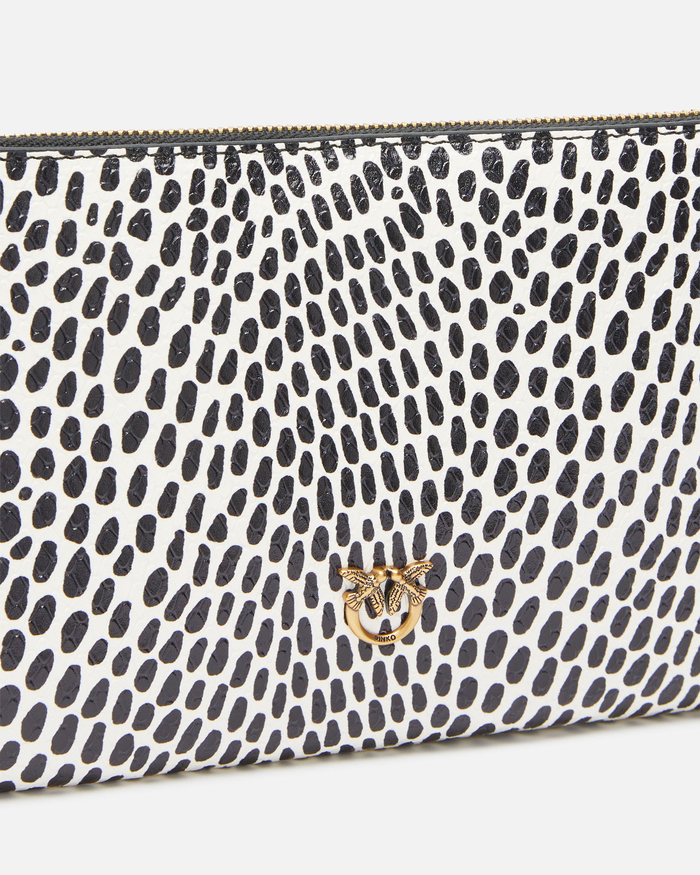 Pinko Polka Dot Leather Evening Bag With Shoulder Strap In White/black-antique Gold