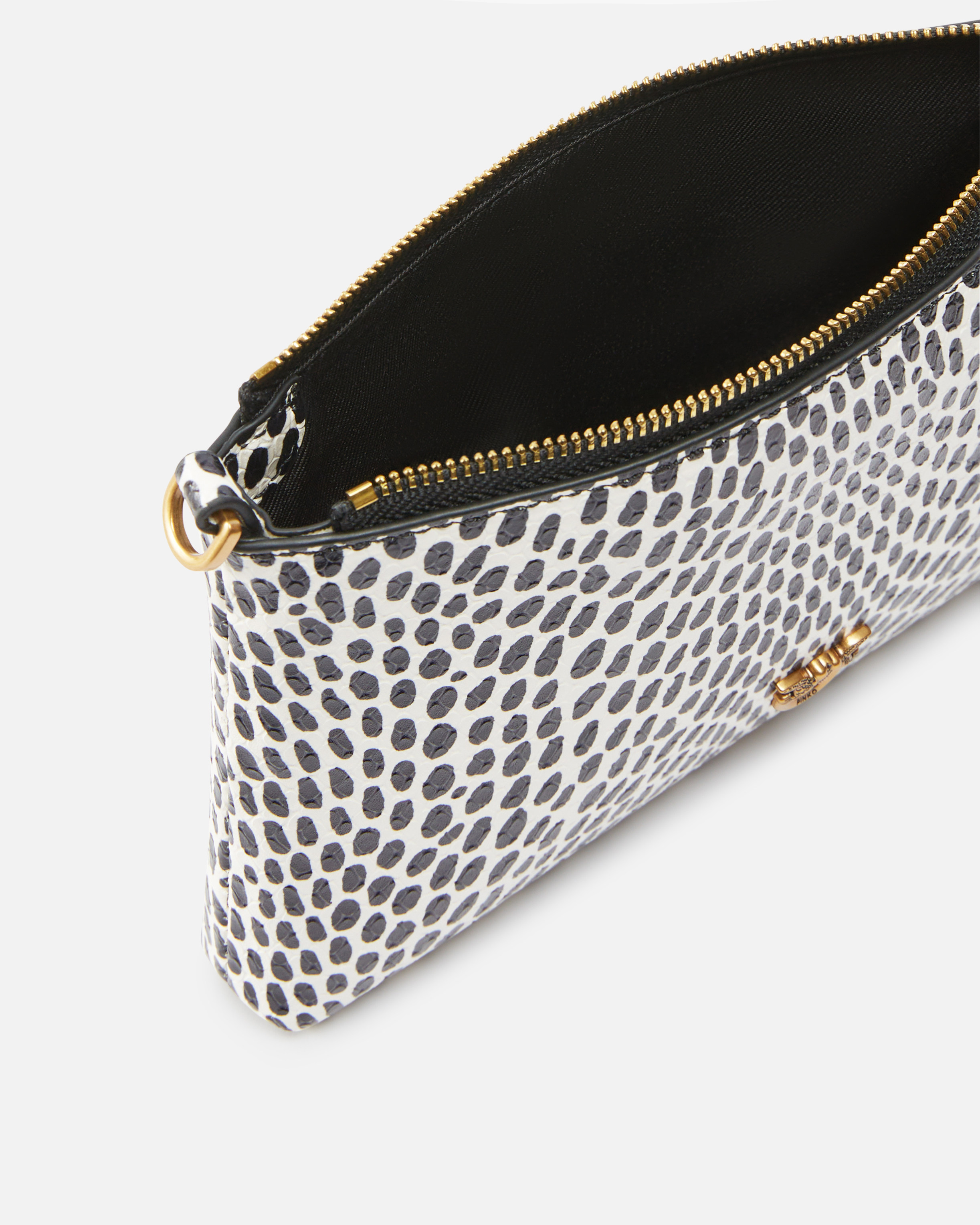 Pinko Polka Dot Leather Evening Bag With Shoulder Strap In White/black-antique Gold