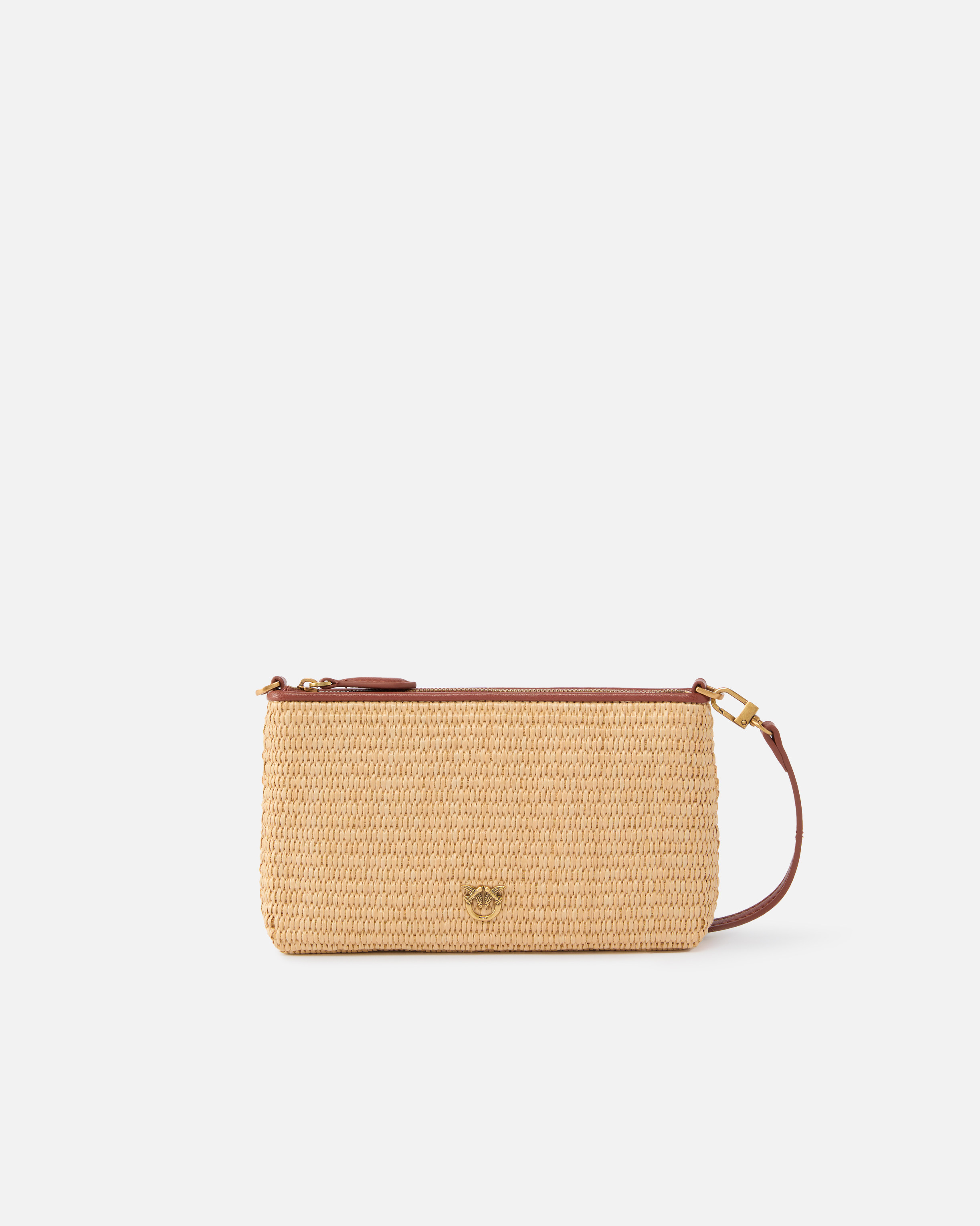 Small flat bag in crocheted raffia with removable shoulder