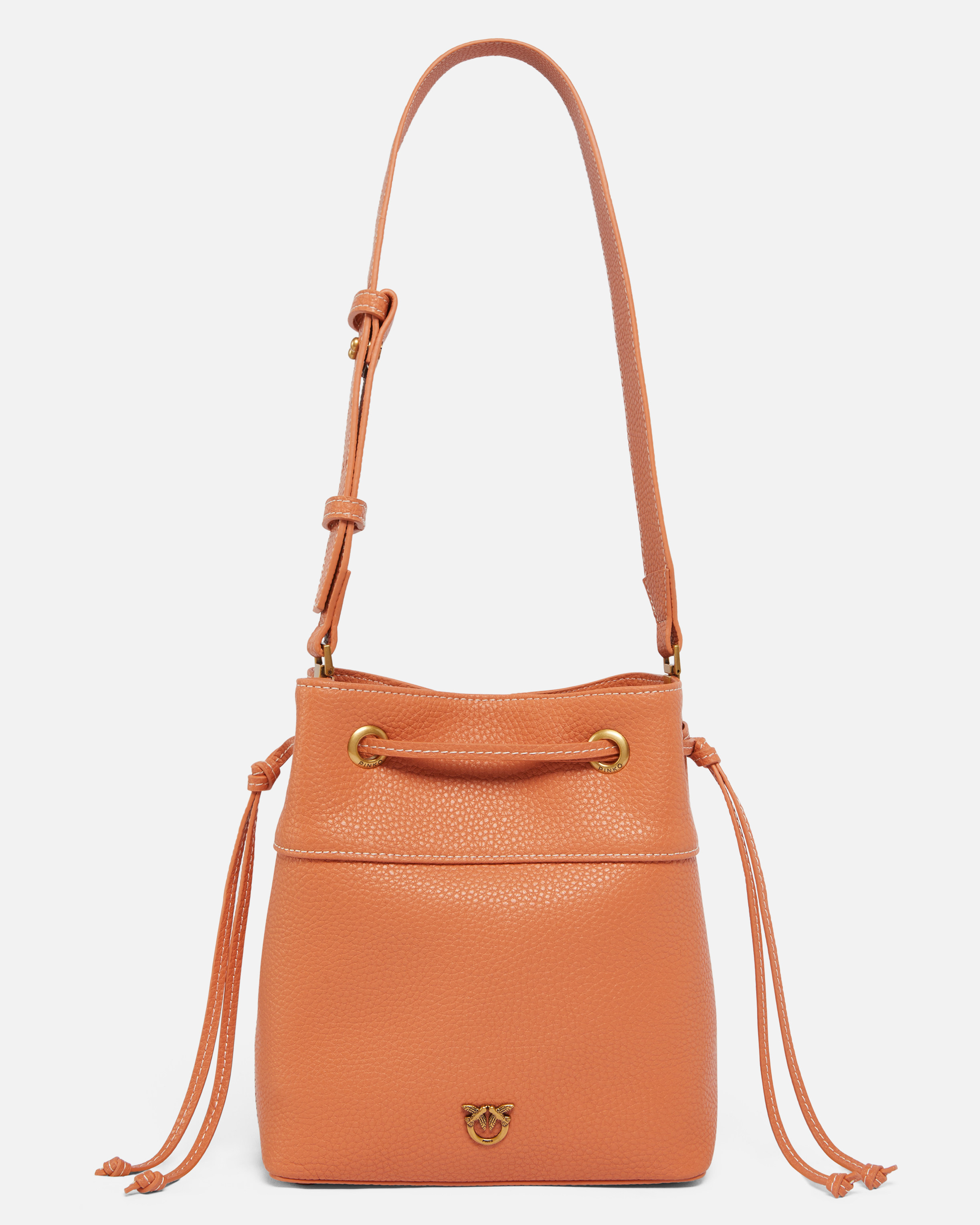 Pinko Small Leather Bucket Bag With Shoulder Strap In Brandy Orange-antique Gold