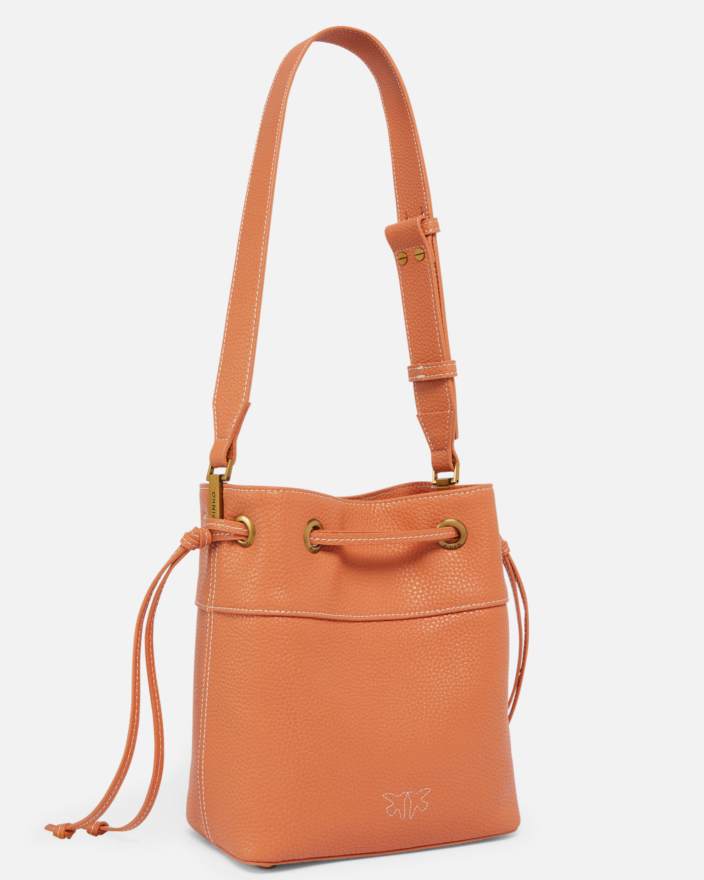 Pinko Small Leather Bucket Bag With Shoulder Strap In Brandy Orange-antique Gold