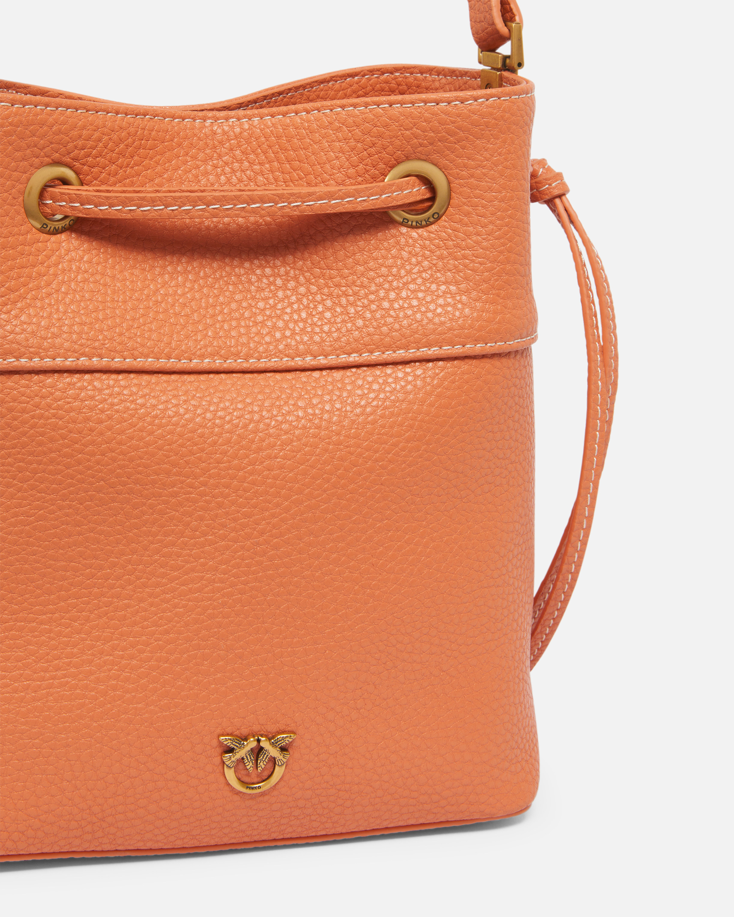 Pinko Small Leather Bucket Bag With Shoulder Strap In Brandy Orange-antique Gold