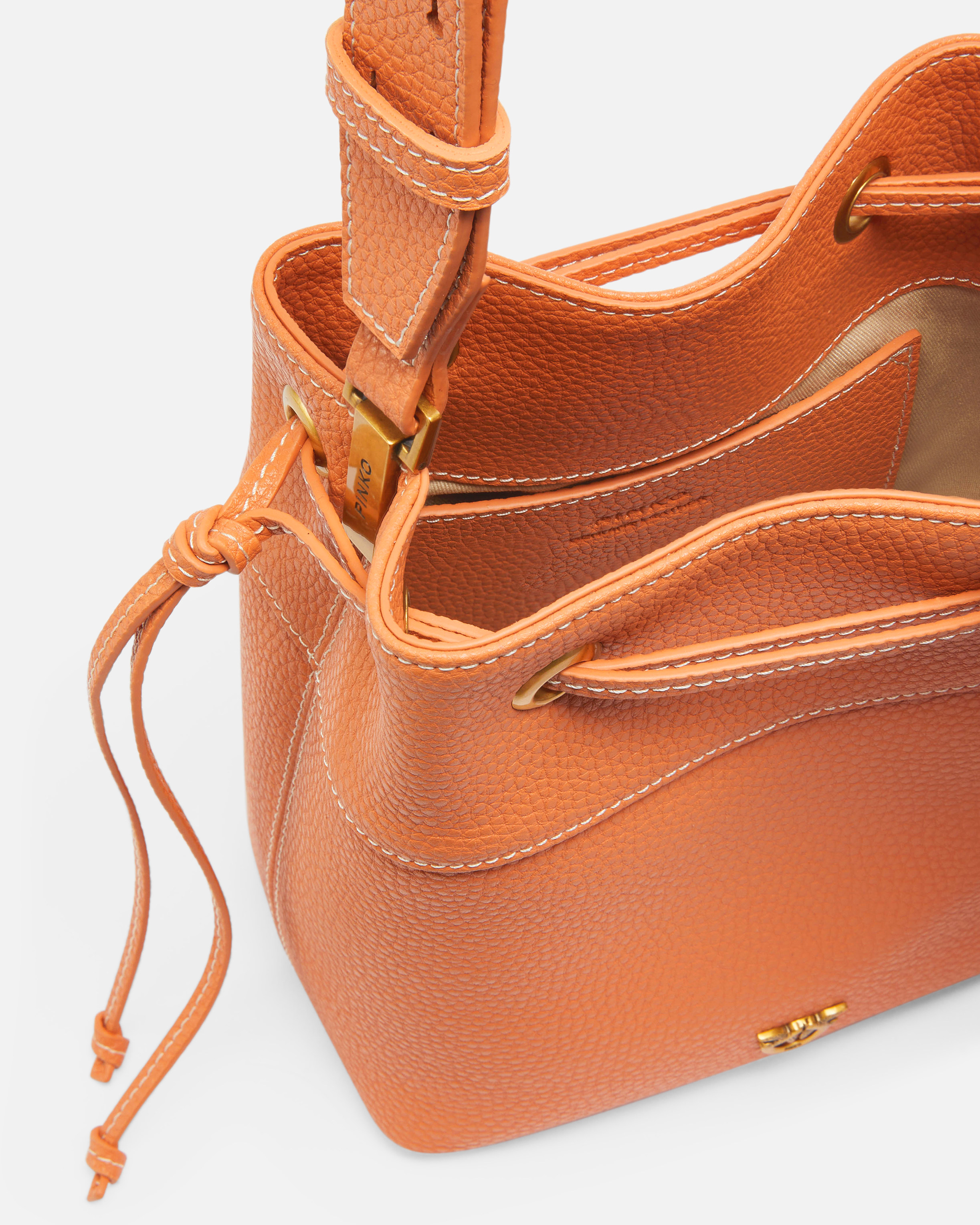 Pinko Small Leather Bucket Bag With Shoulder Strap In Brandy Orange-antique Gold