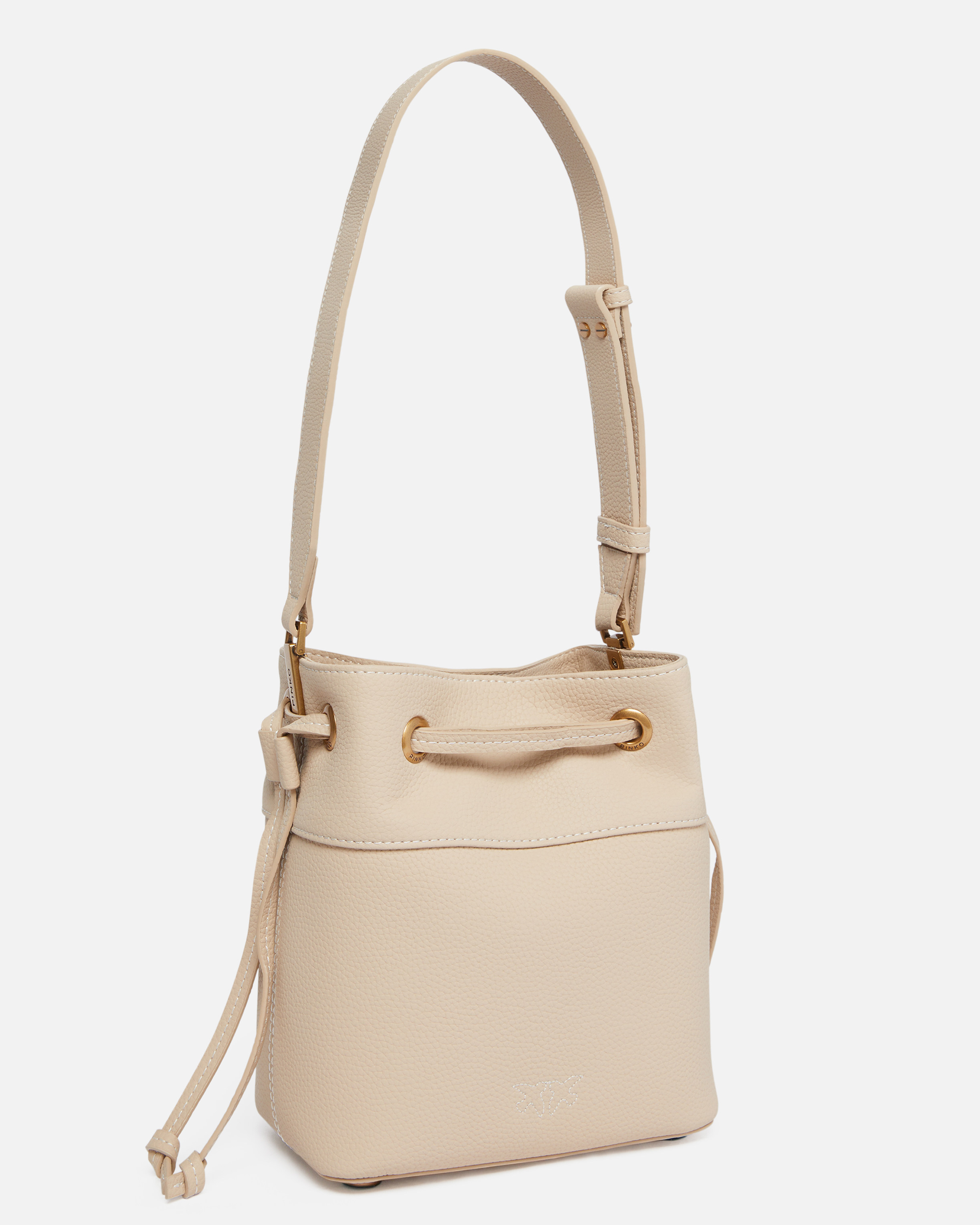 Pinko Small Leather Bucket Bag With Shoulder Strap In Beige-smoke Grey-antique Gold