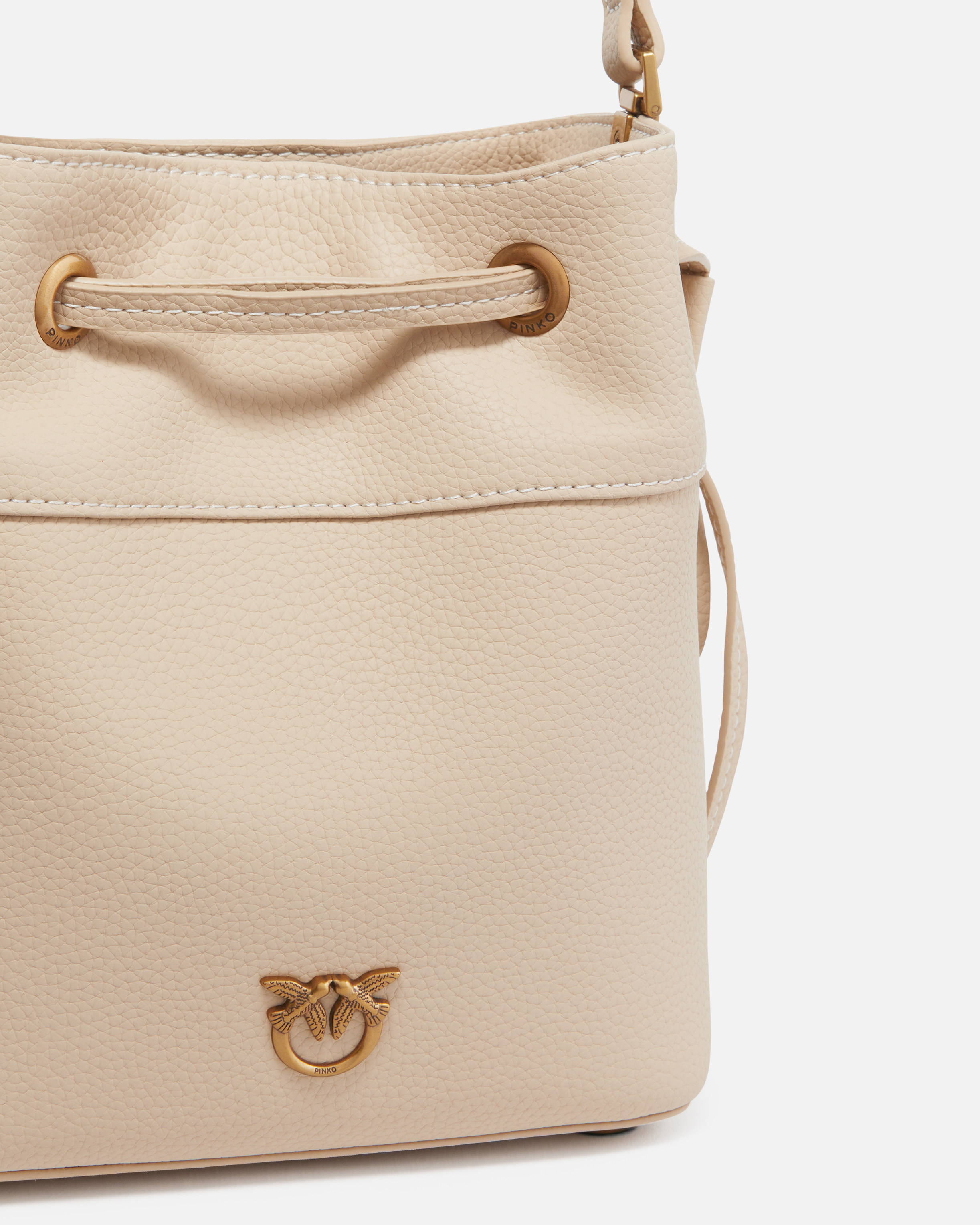 Pinko Small Leather Bucket Bag With Shoulder Strap In Beige-smoke Grey-antique Gold