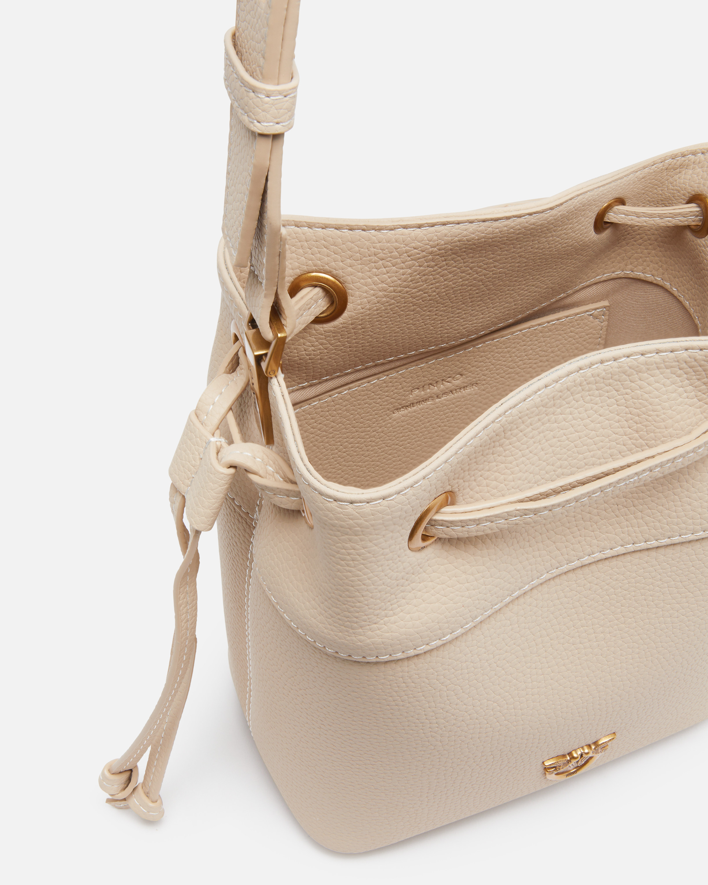 Pinko Small Leather Bucket Bag With Shoulder Strap In Beige-smoke Grey-antique Gold