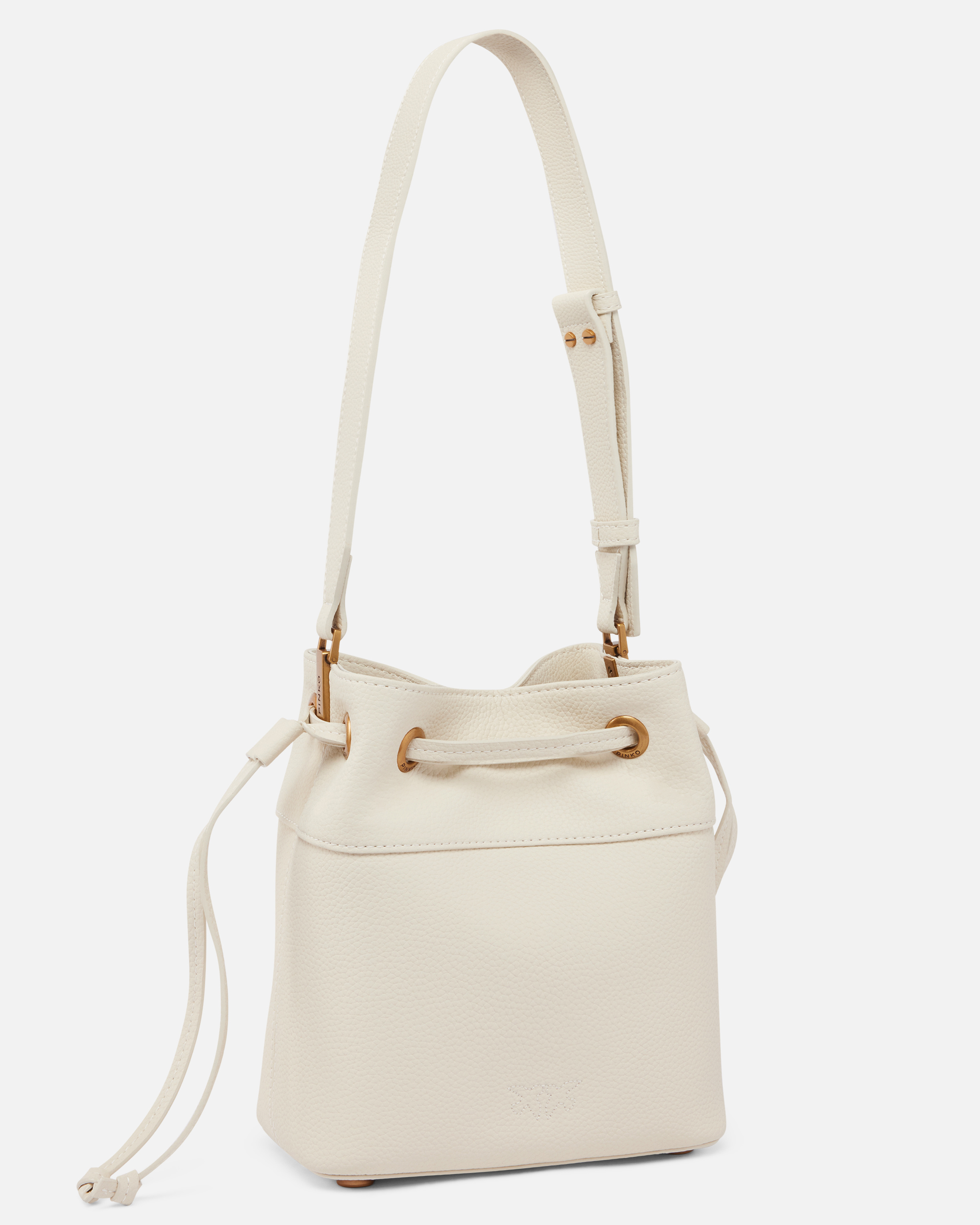 Pinko Small Leather Bucket Bag With Shoulder Strap In White+white-antique Gold