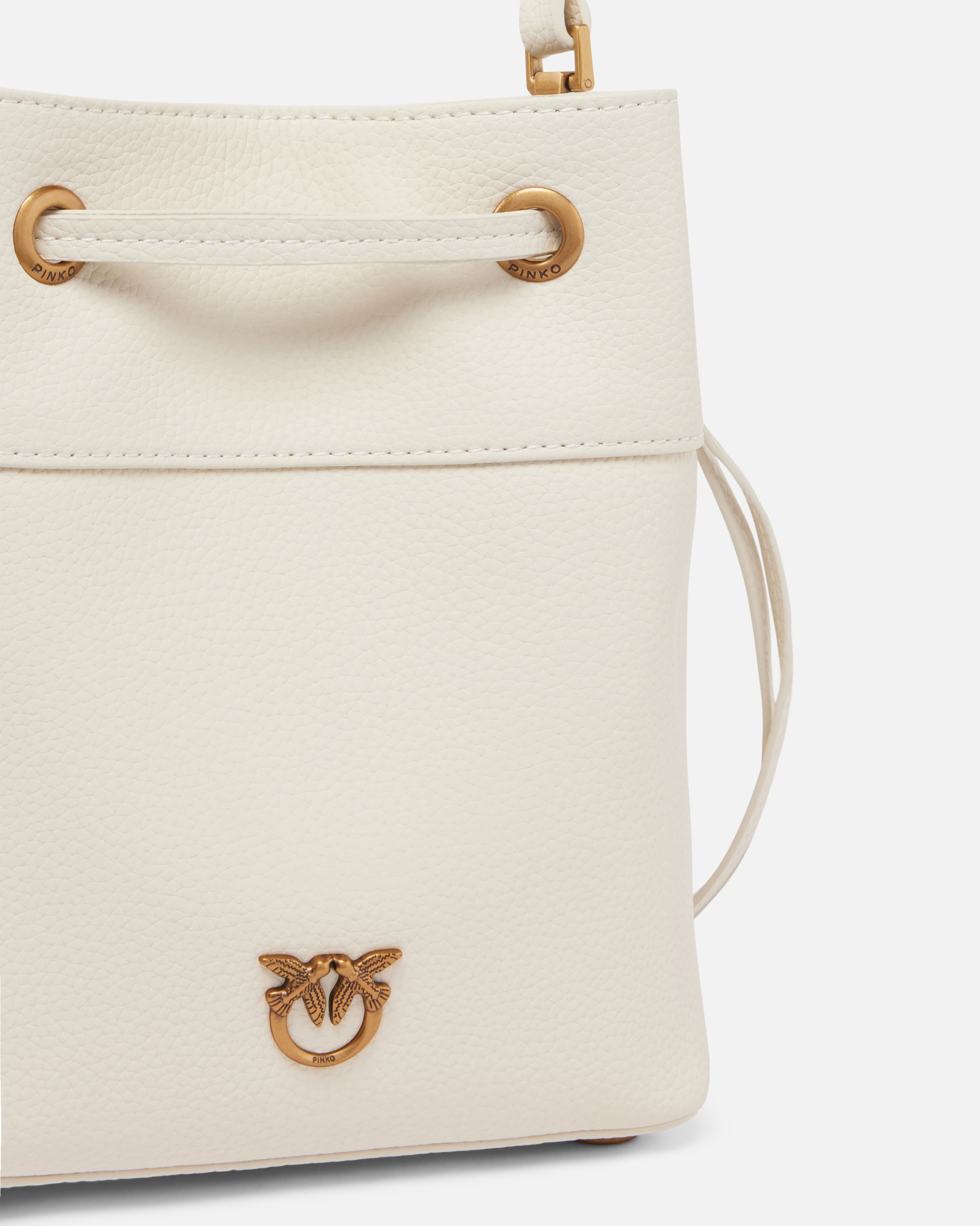Pinko Small Leather Bucket Bag With Shoulder Strap In White+white-antique Gold