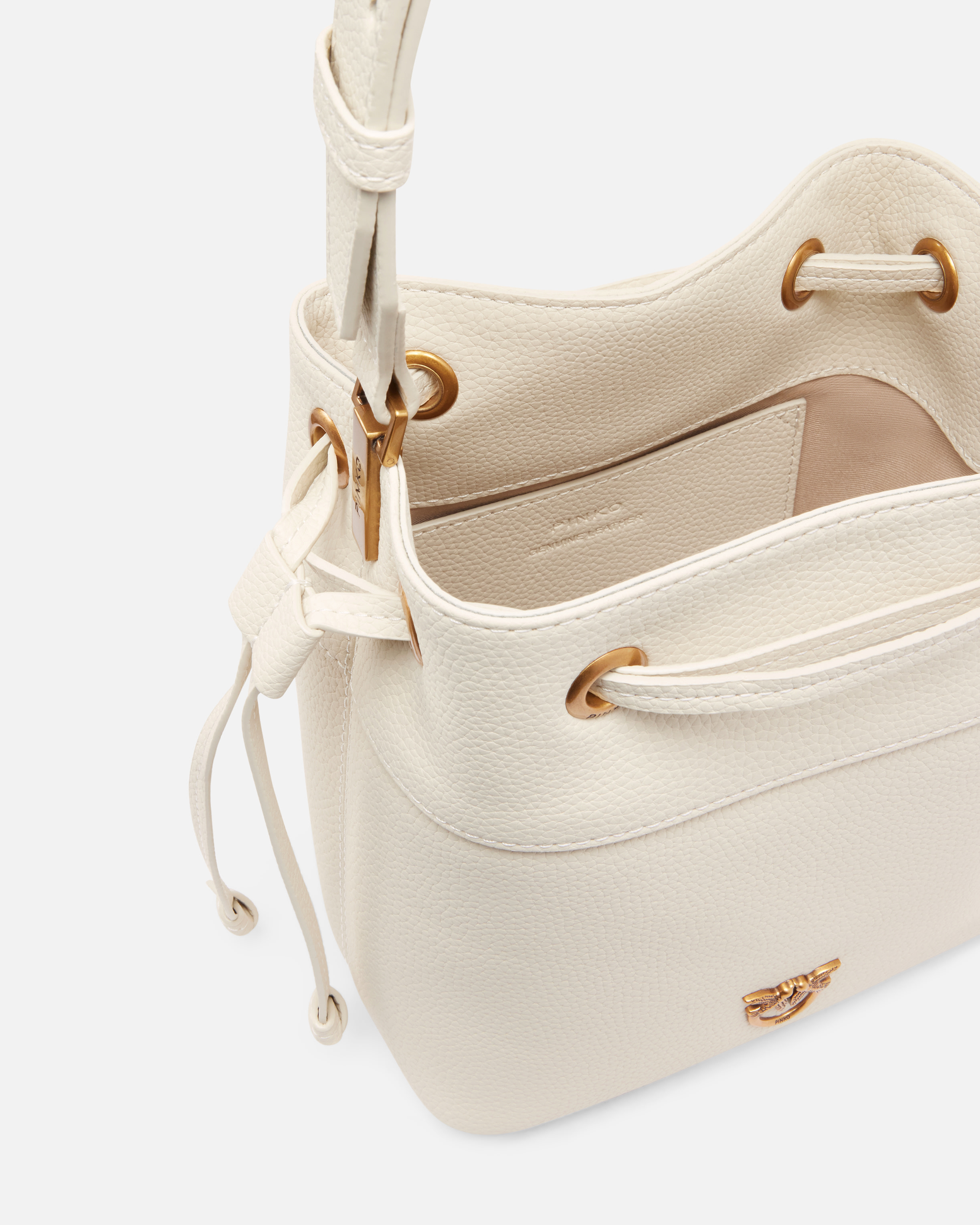 Pinko Small Leather Bucket Bag With Shoulder Strap In White+white-antique Gold