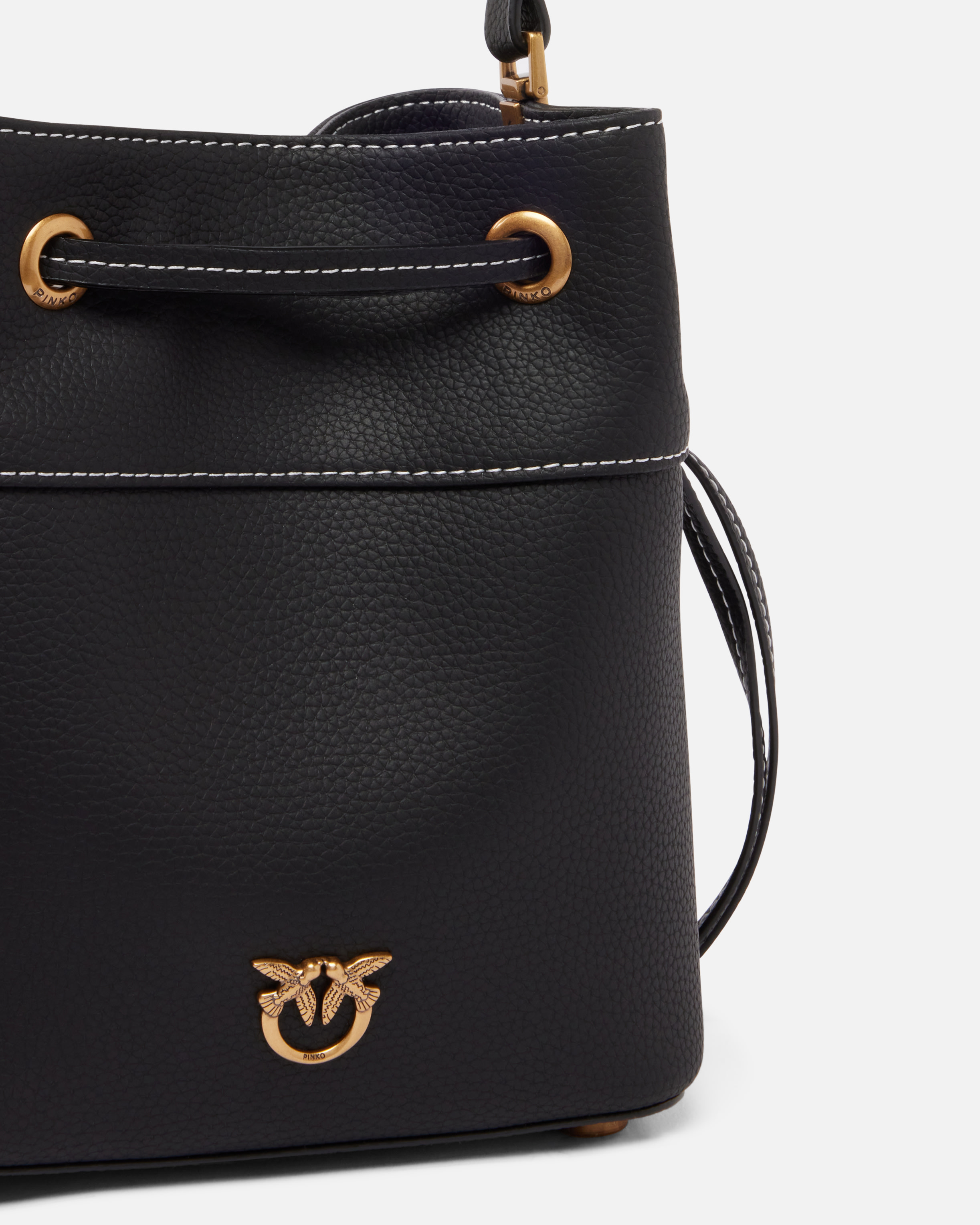 Pinko Small Leather Bucket Bag With Shoulder Strap In Black-antique Gold