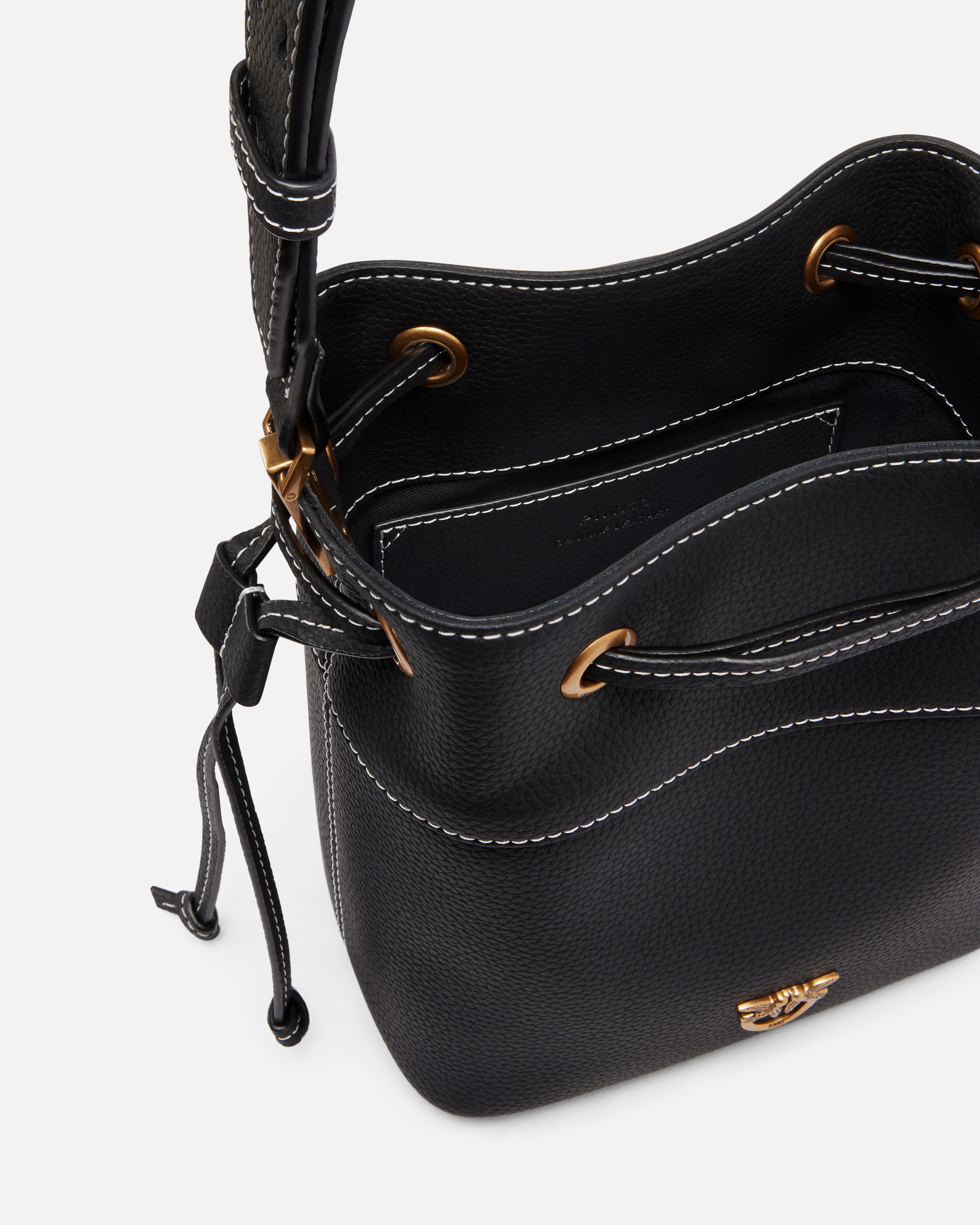 Pinko Small Leather Bucket Bag With Shoulder Strap In Black-antique Gold