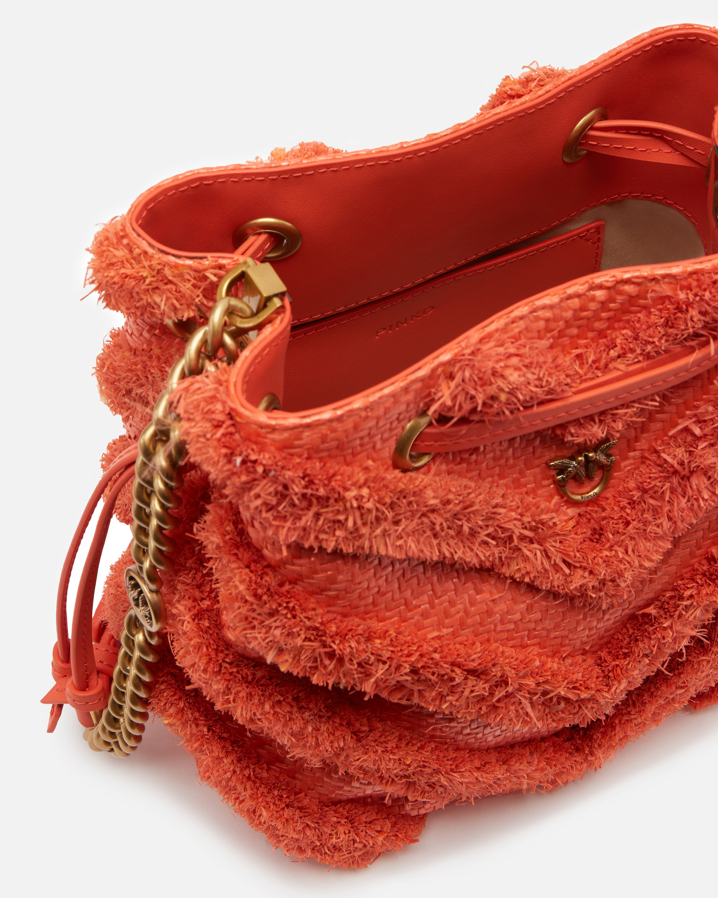 Pinko Small Bucket Bag In Frayed Raffia