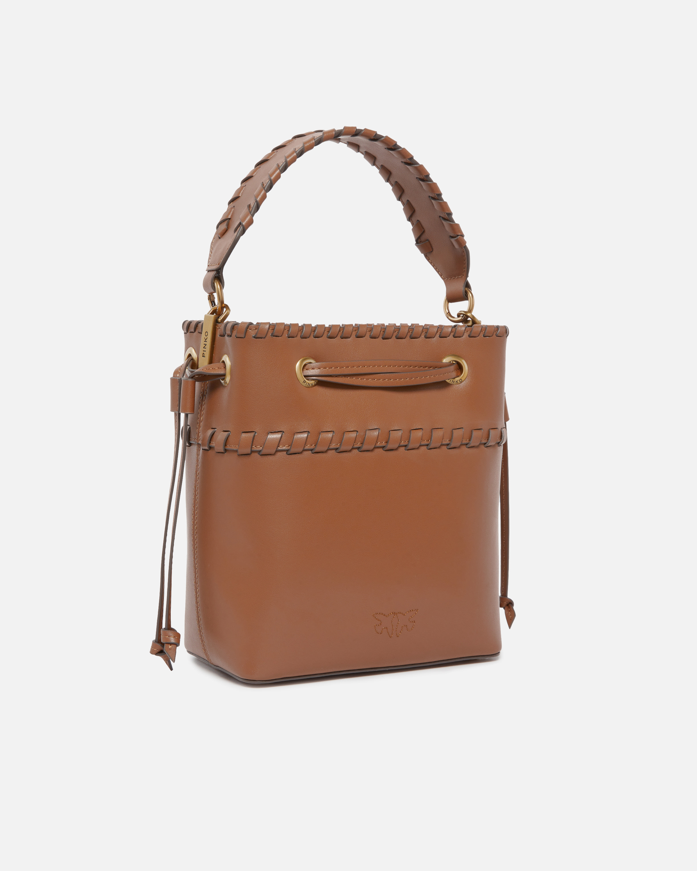 Pinko Small Leather Bucket Bag With Threaded Detailing In Brown