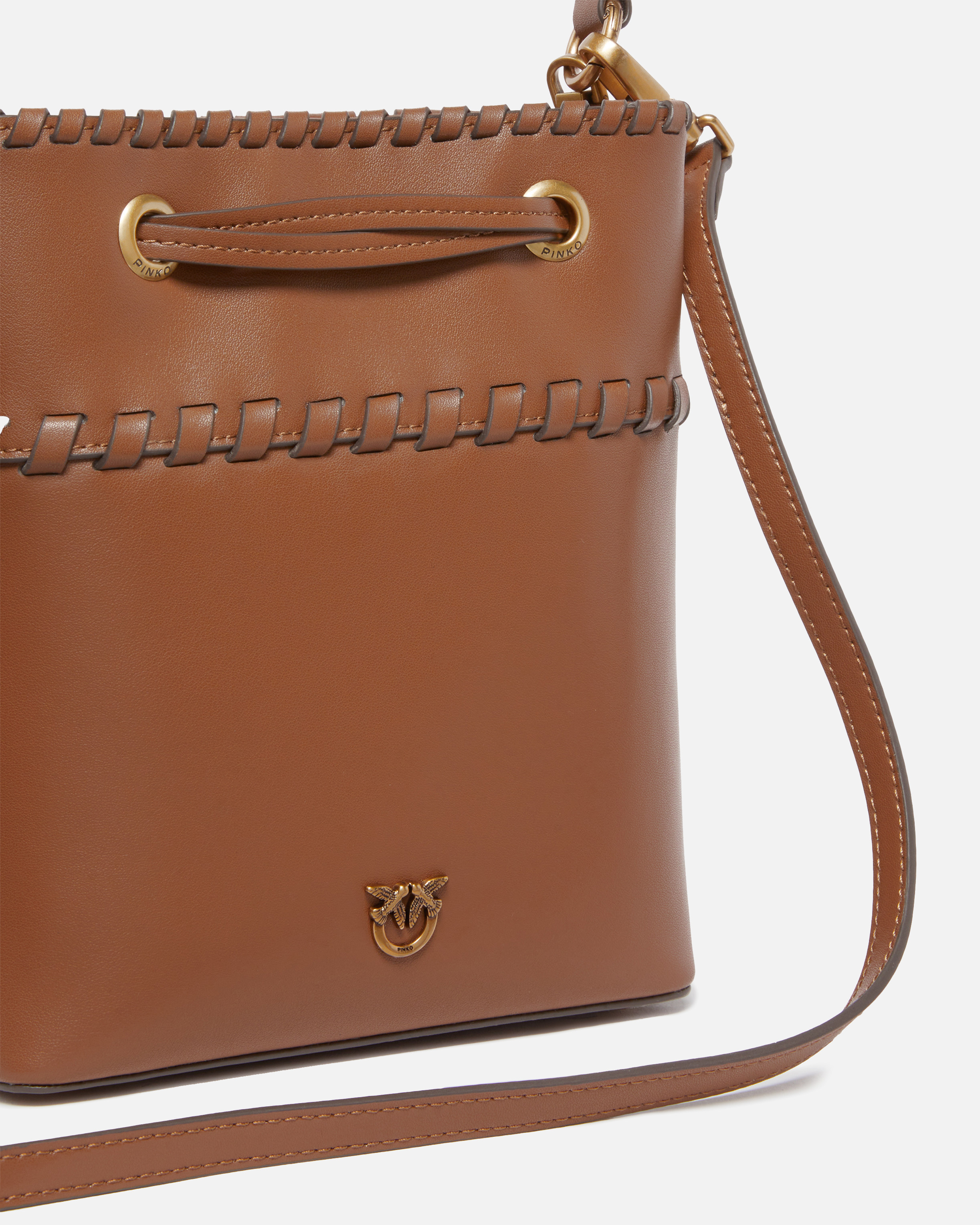 Pinko Small Leather Bucket Bag With Threaded Detailing In Brown