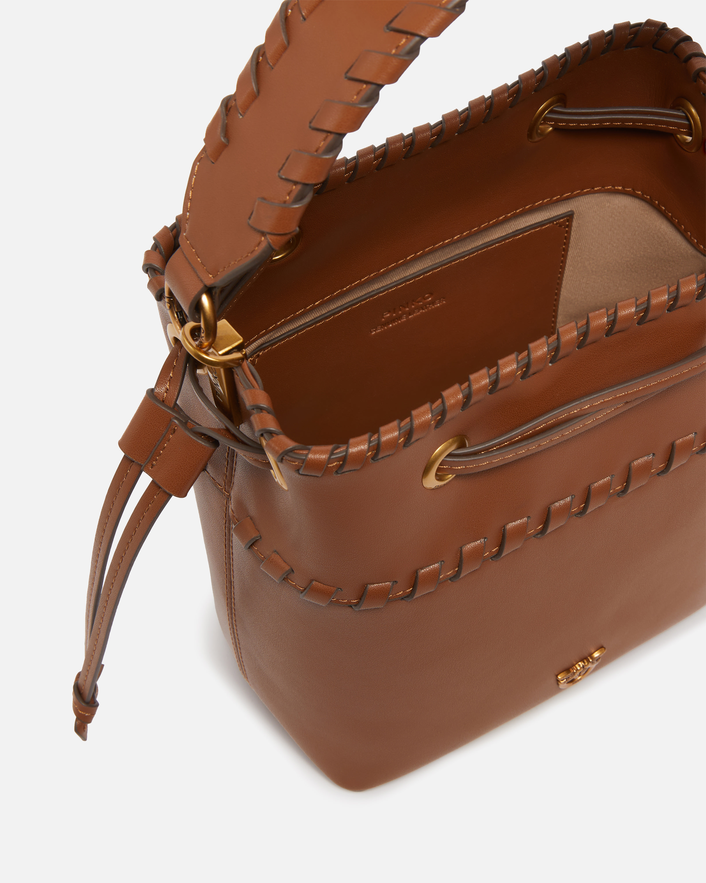 Pinko Small Leather Bucket Bag With Threaded Detailing In Brown