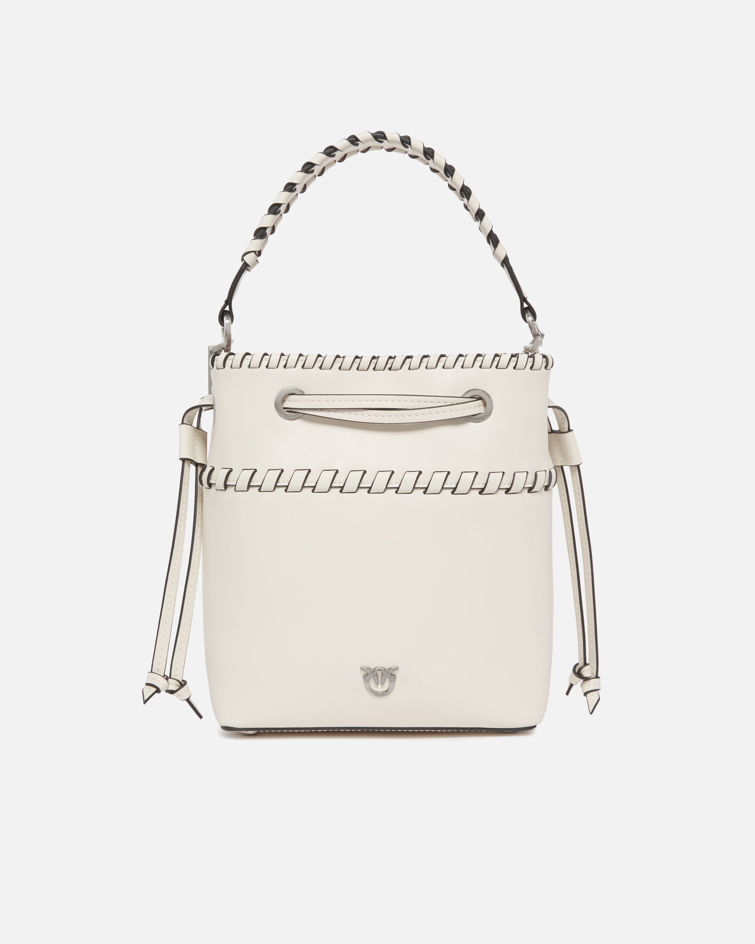 Pinko Small Leather Bucket Bag With Threaded Detailing In White