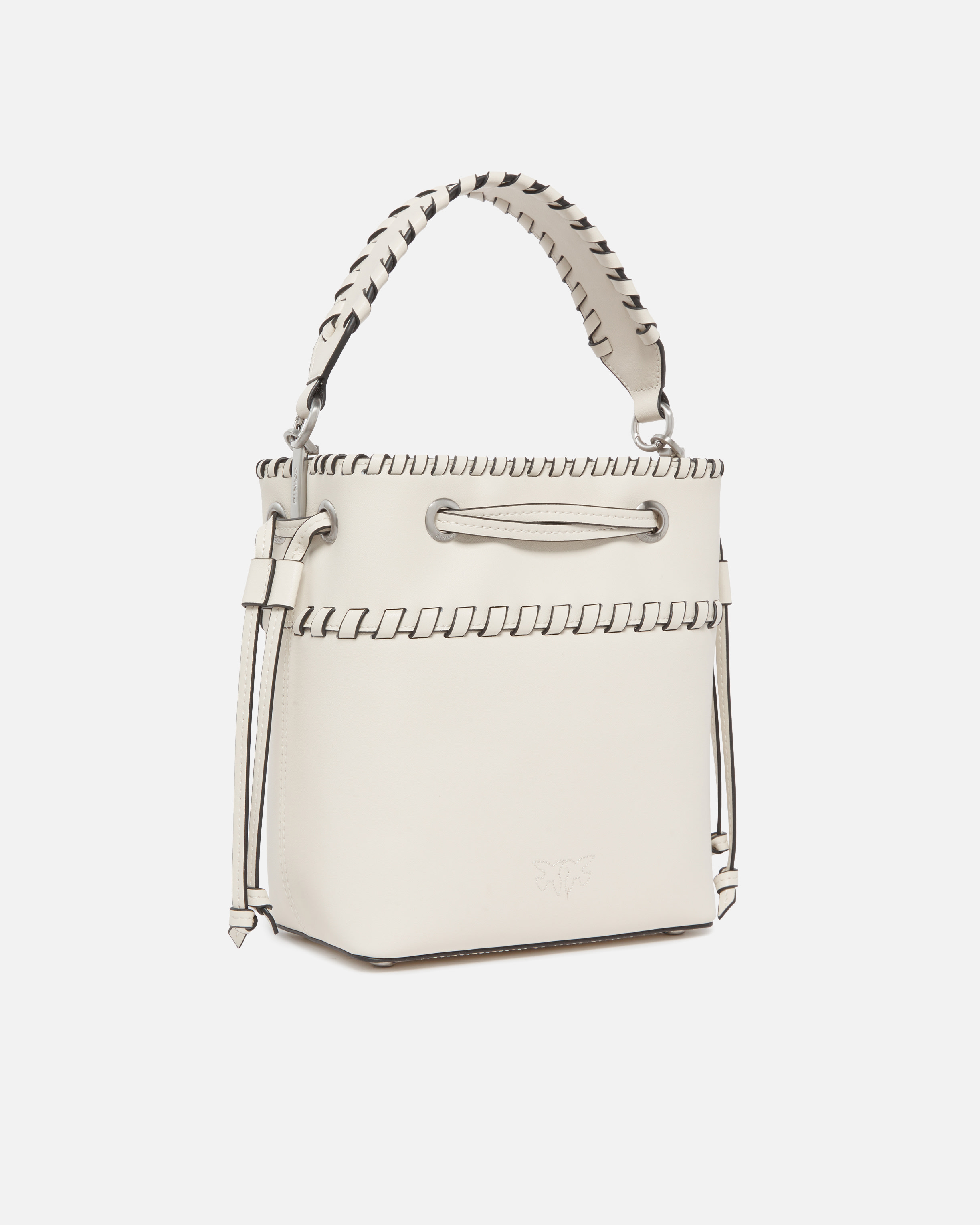Pinko Small Leather Bucket Bag With Threaded Detailing In White