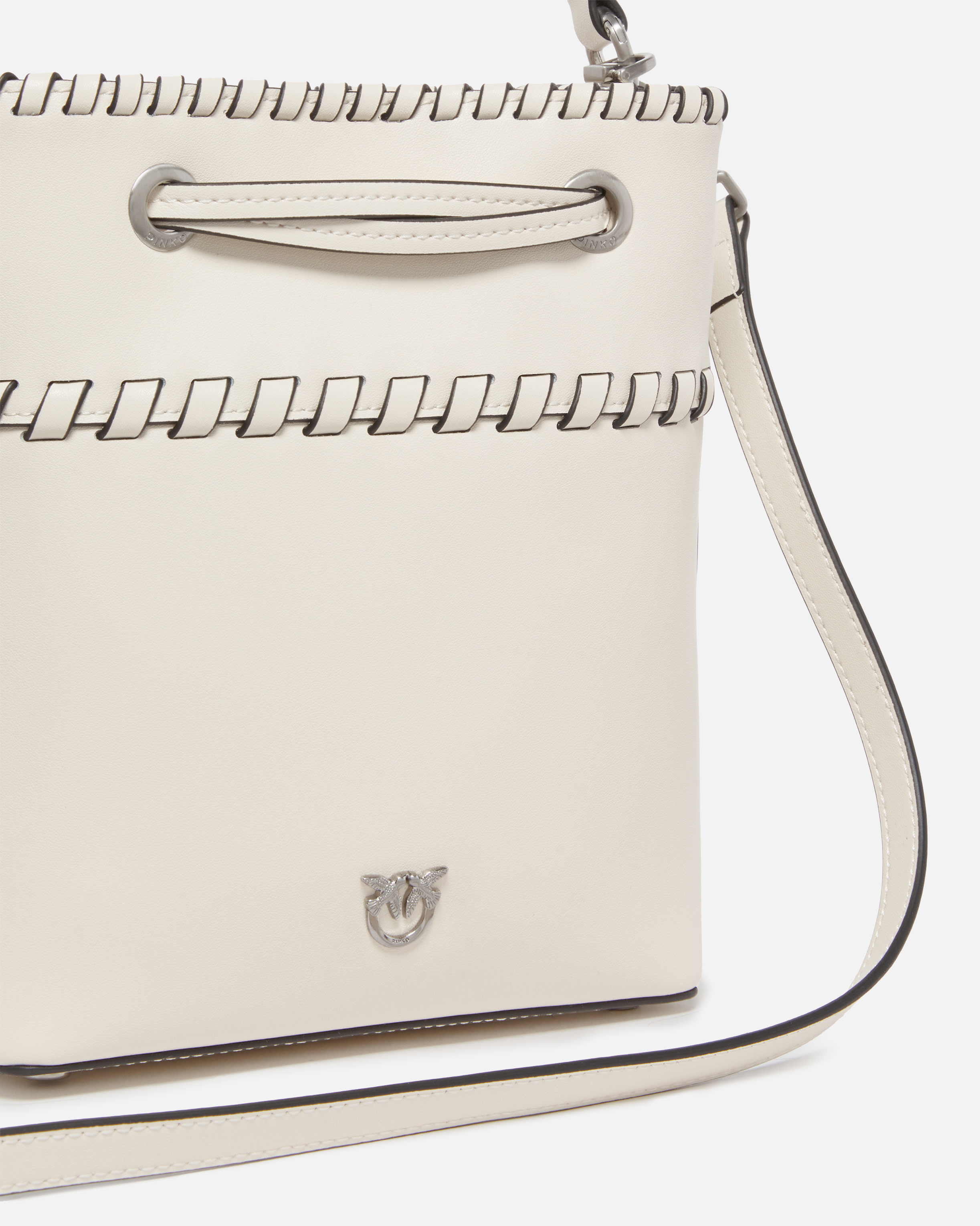 Pinko Small Leather Bucket Bag With Threaded Detailing In White